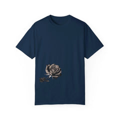 Navy blue t-shirt with vintage rose graphic, stylish streetwear design for everyday wear