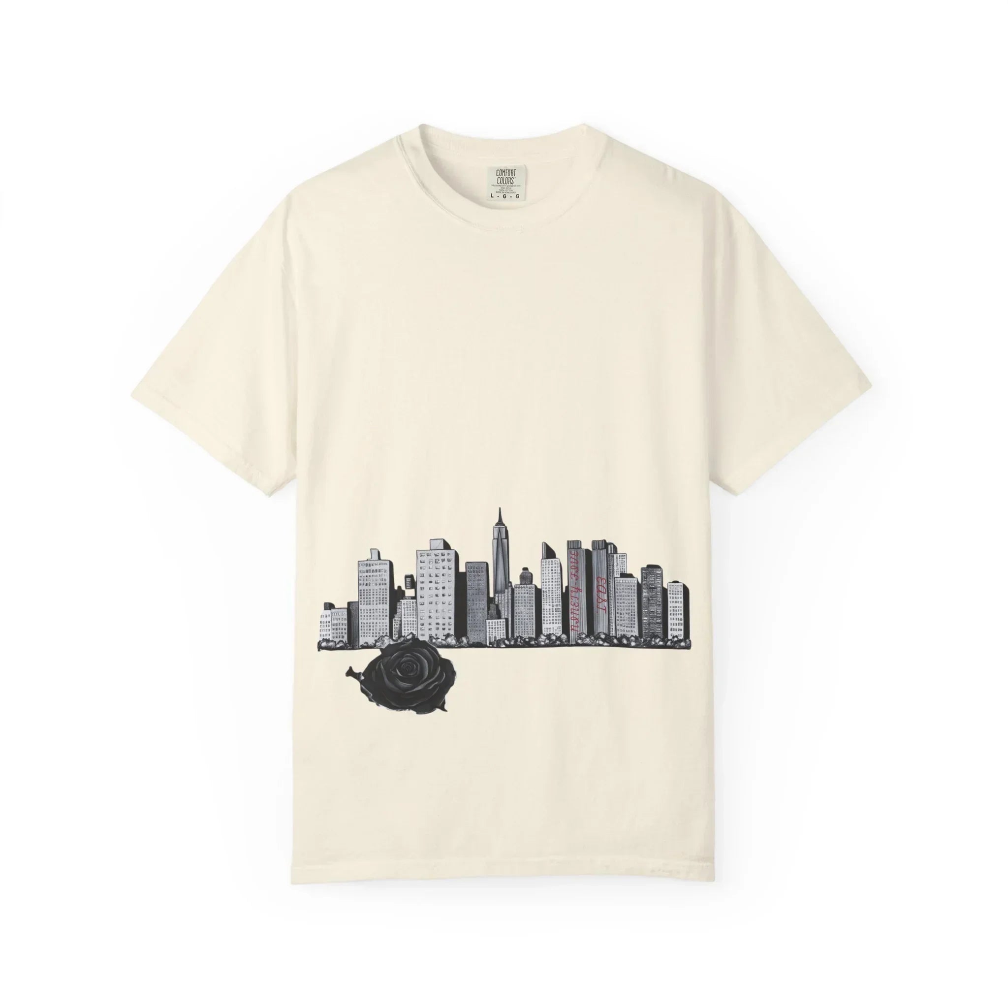 Cream t-shirt with black NYC skyline graphic and rose, urban streetwear design