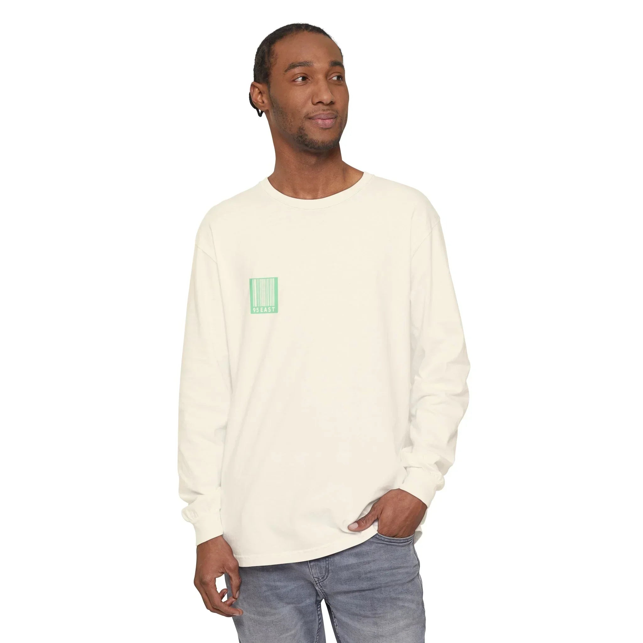 Cream long sleeve tee with green barcode graphic, modern streetwear style