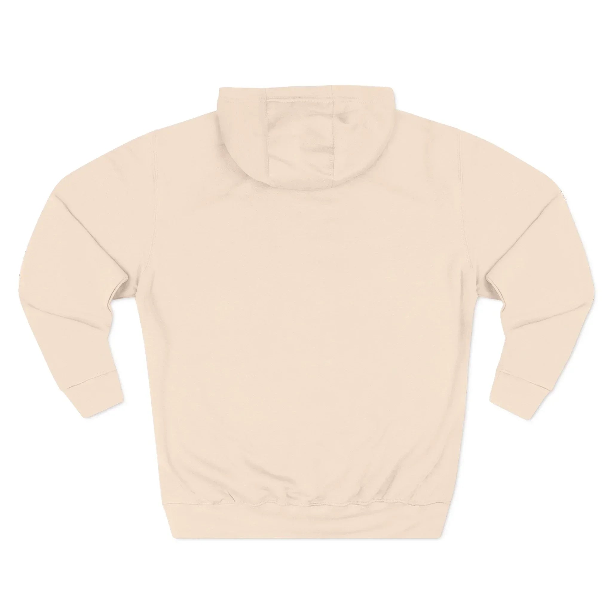 Beige hooded sweatshirt back view, plain design, long sleeves, soft cotton fabric