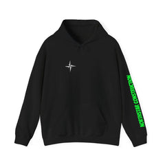 Black hoodie with white north star logo and green 'NORTHSTAR CONSTRUCTION' sleeve text