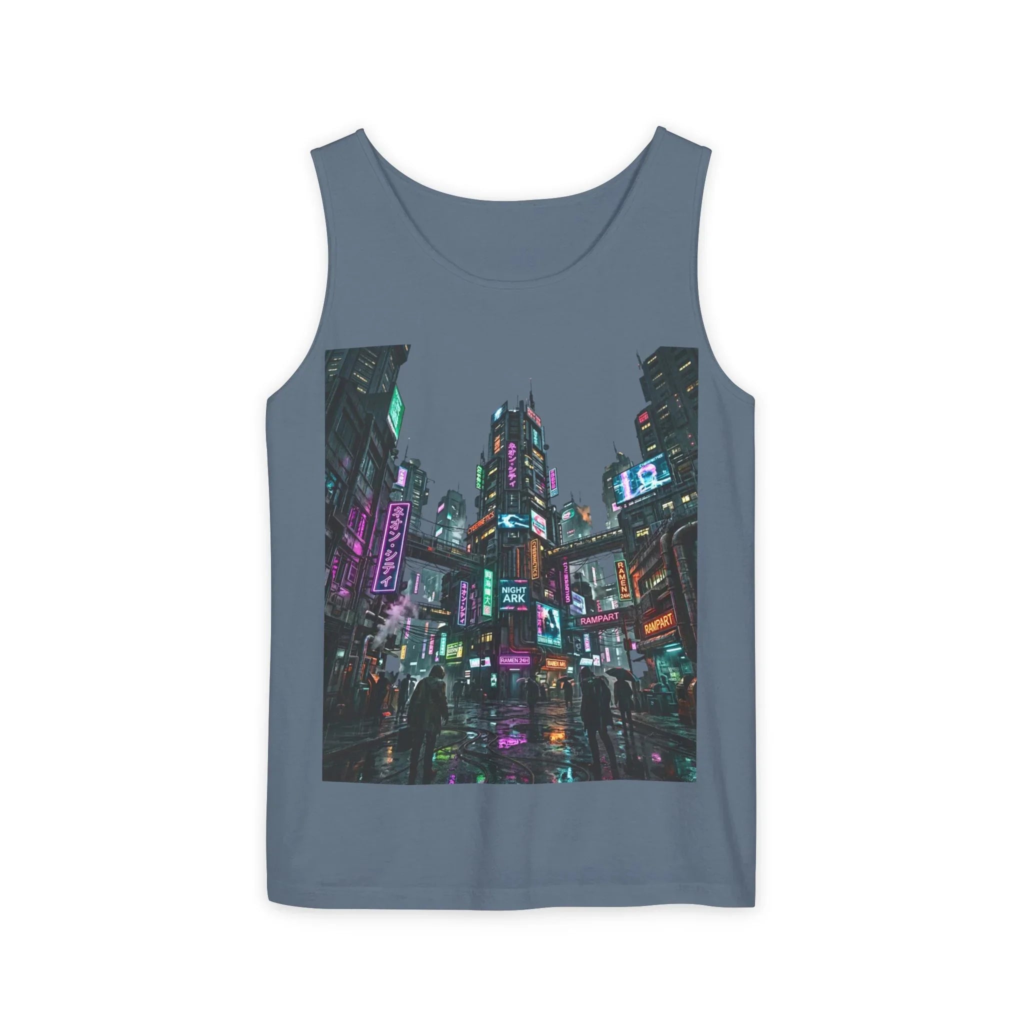 Blue tank top with vibrant neon-lit cityscape graphic and futuristic urban design