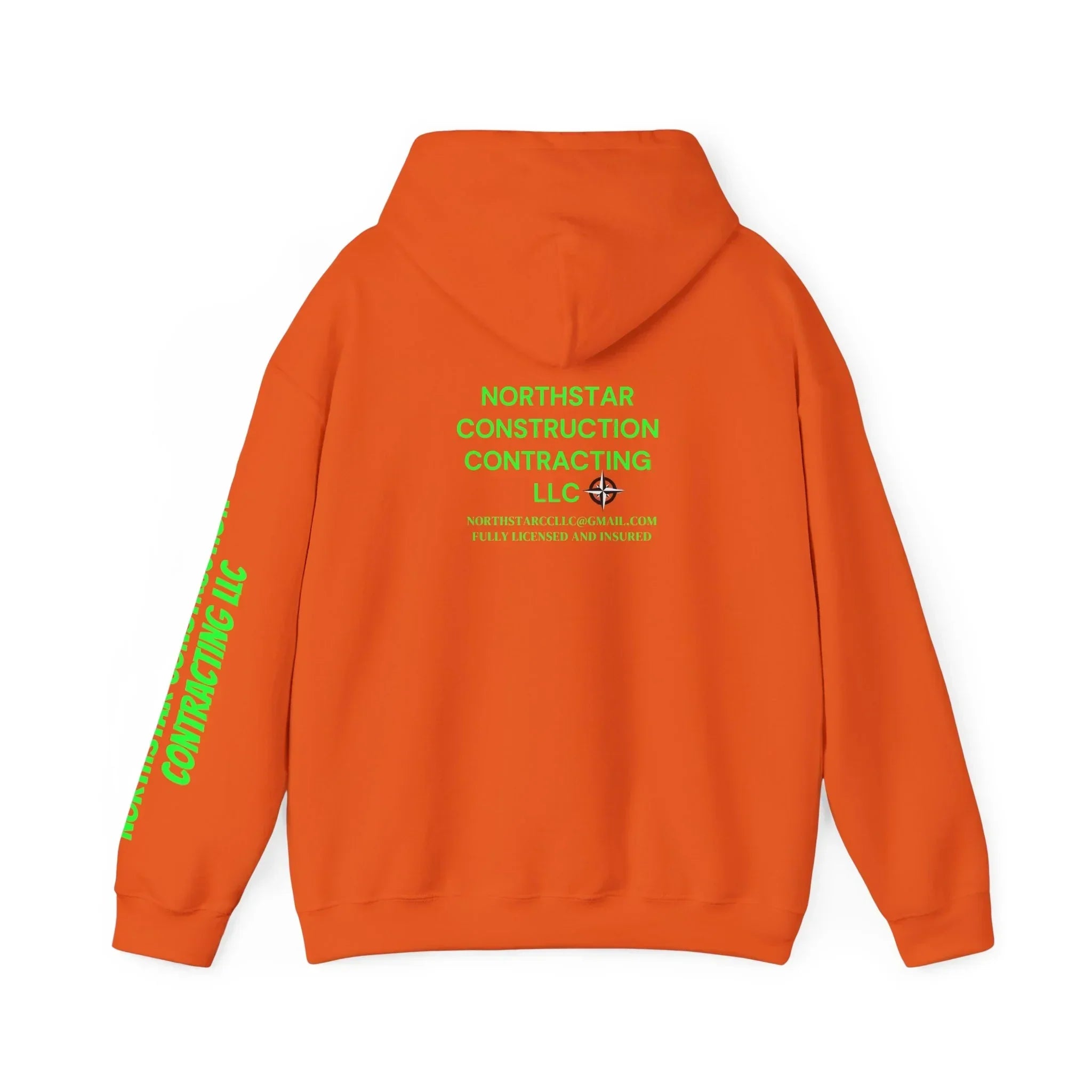 Orange hoodie with green Northstar Construction Contracting LLC text and logo on back
