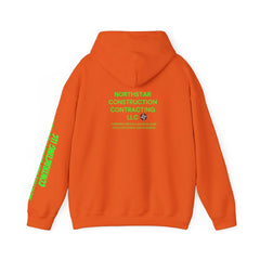 Orange hoodie with green Northstar Construction Contracting LLC text and logo on back