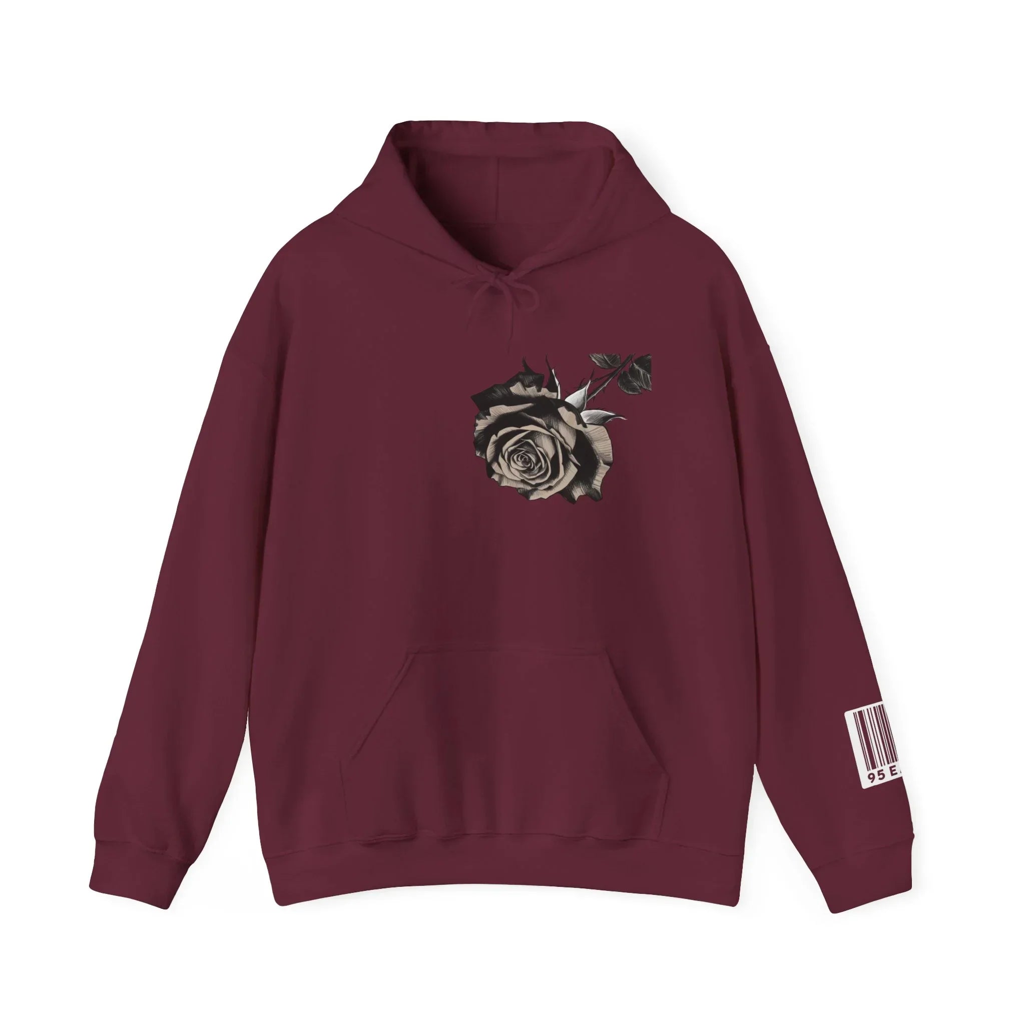 Maroon hoodie with black and white rose graphic and barcode detail on sleeve