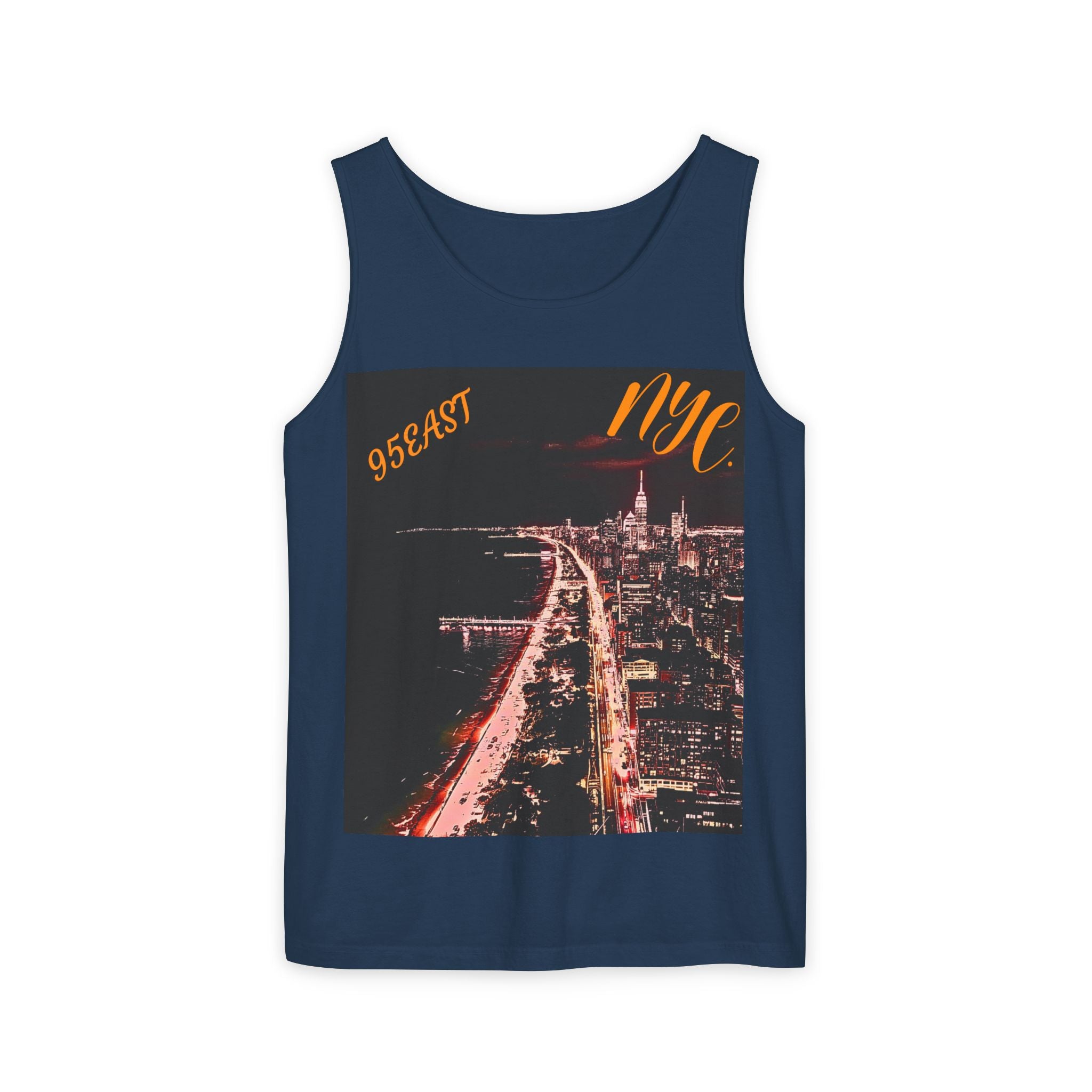 Navy blue tank top featuring a night cityscape print with '95EAST' and 'nyc.' text.