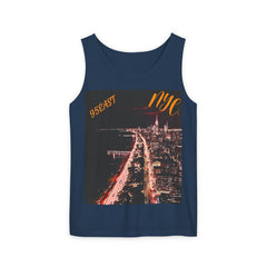 Navy blue tank top featuring a night cityscape print with '95EAST' and 'nyc.' text.