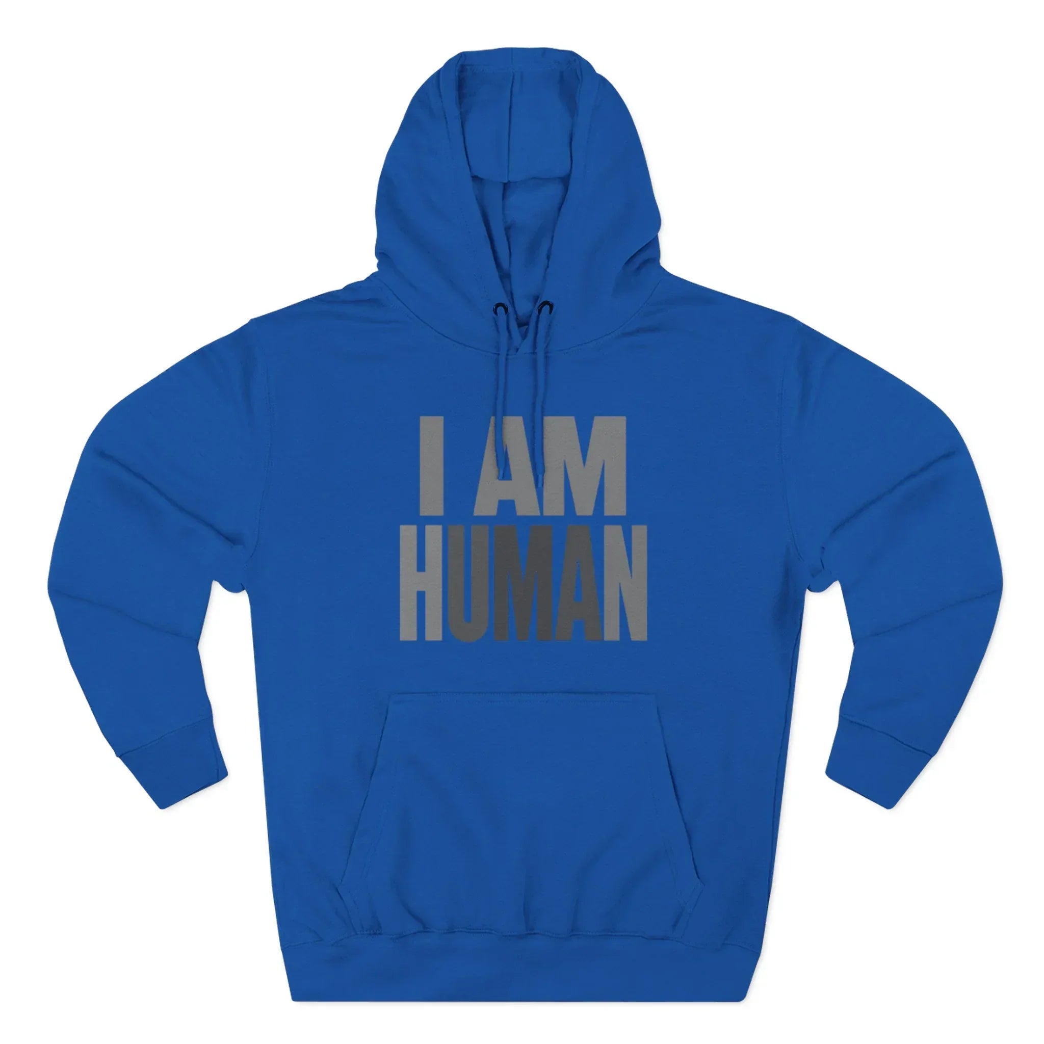 Blue hoodie with bold gray 'I AM HUMAN' text on front, pullover style, front pocket