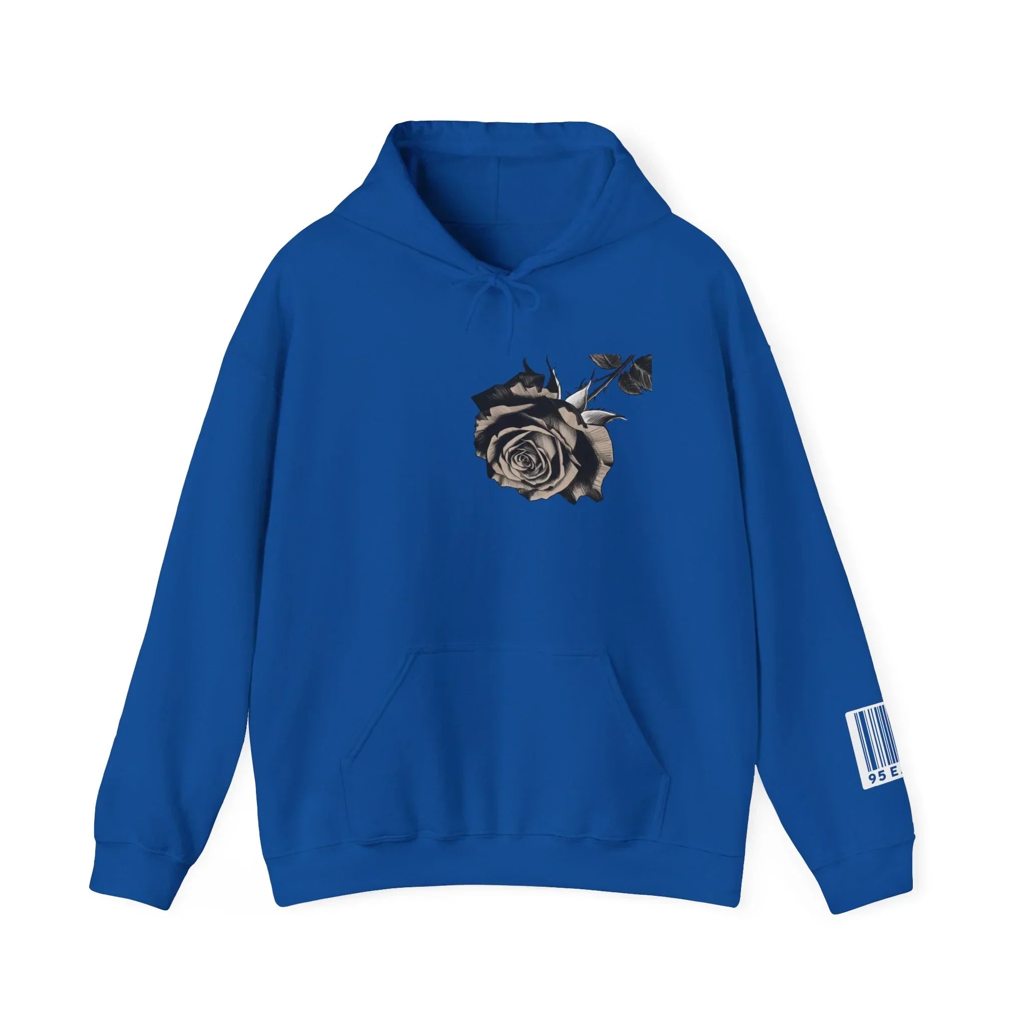 Blue hoodie with black rose graphic on chest and barcode design on sleeve