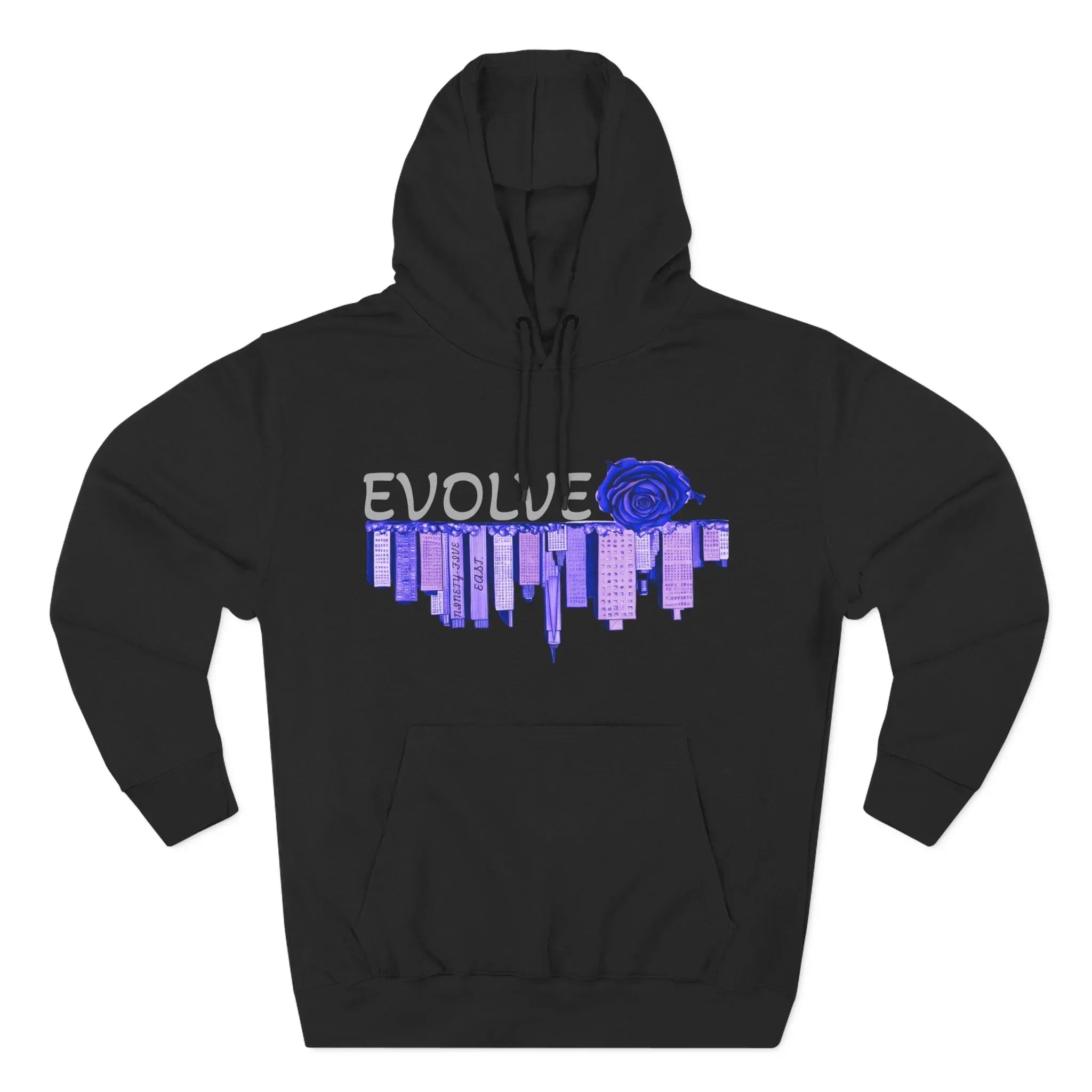 Black hoodie with blue rose graphic and city skyline, EVOLVE text, barcode sleeve detail