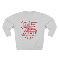 Gray sweatshirt with red 95 East YorkxJersey graphic featuring city skyline design