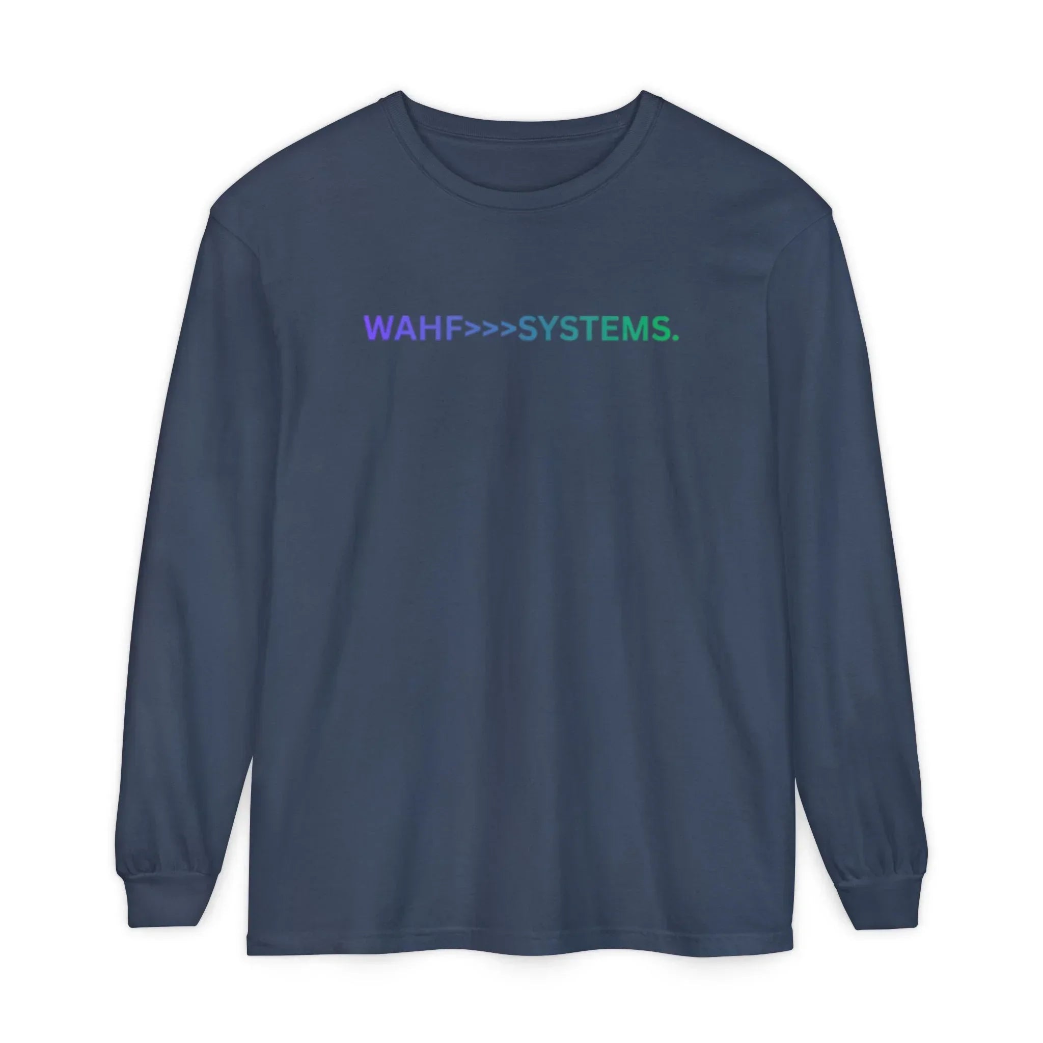 Navy long sleeve shirt with multicolor 'WAHF>>>SYSTEMS.' text on chest