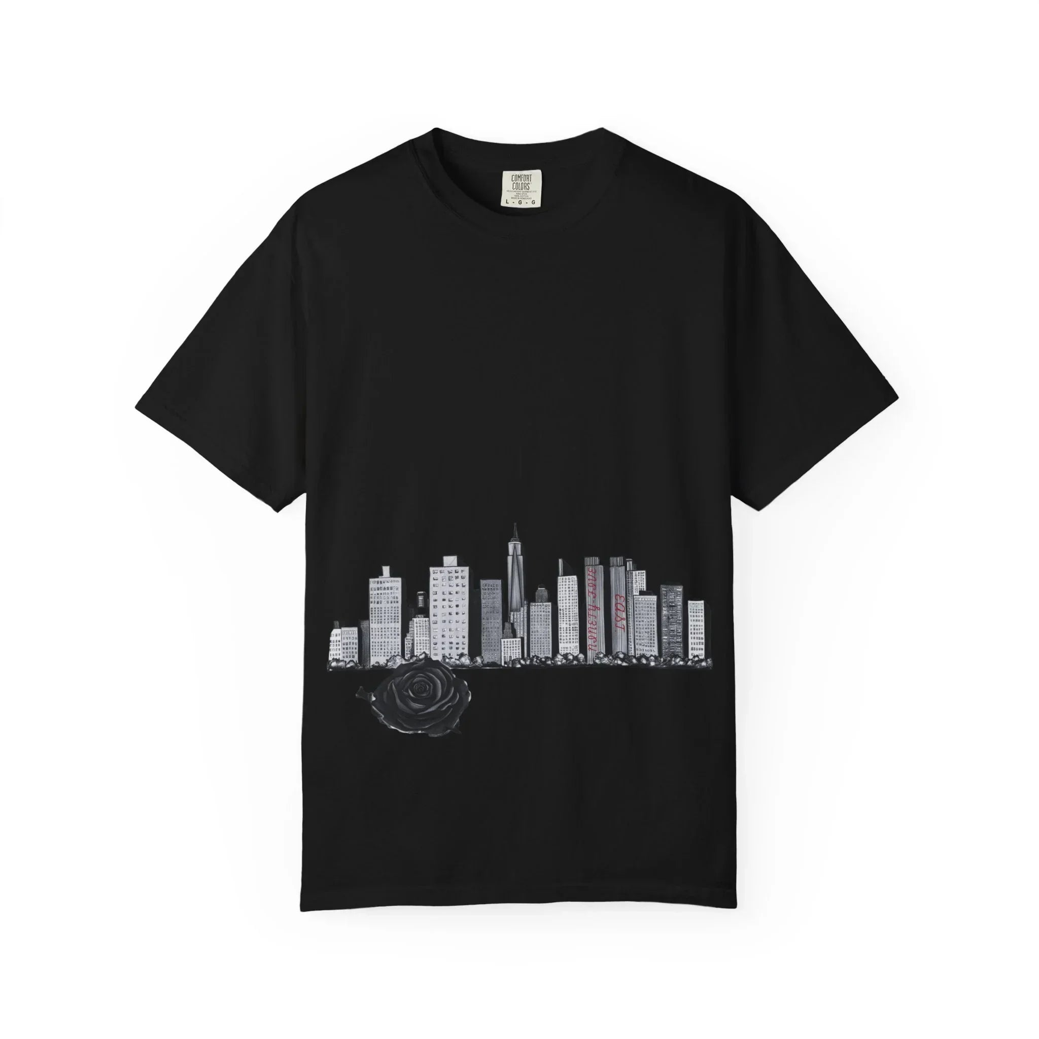 Black T-shirt with city skyline and rose graphic, urban design style