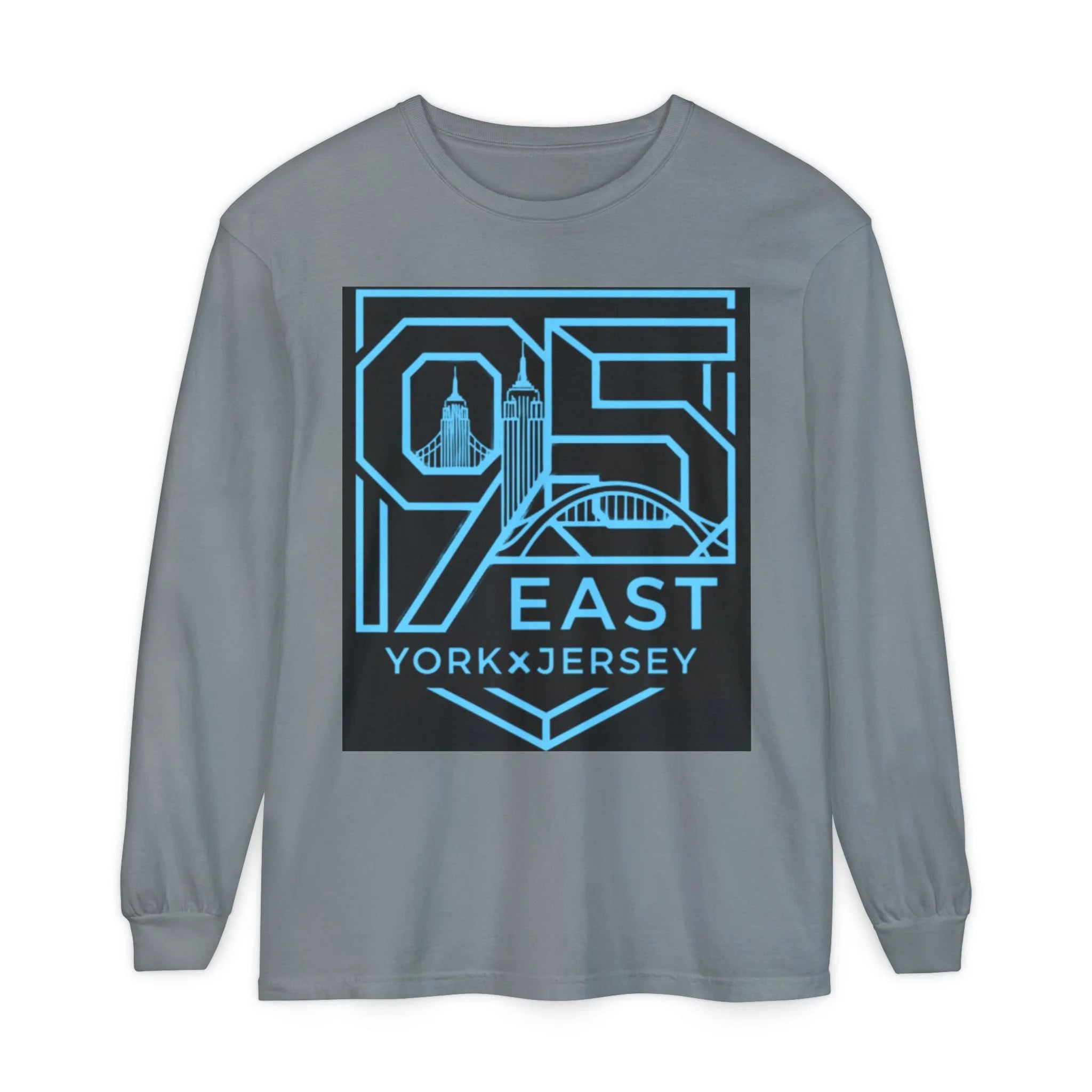 Gray long-sleeve shirt with blue '95 East YorkxJersey' graphic featuring city skyline and bridge design