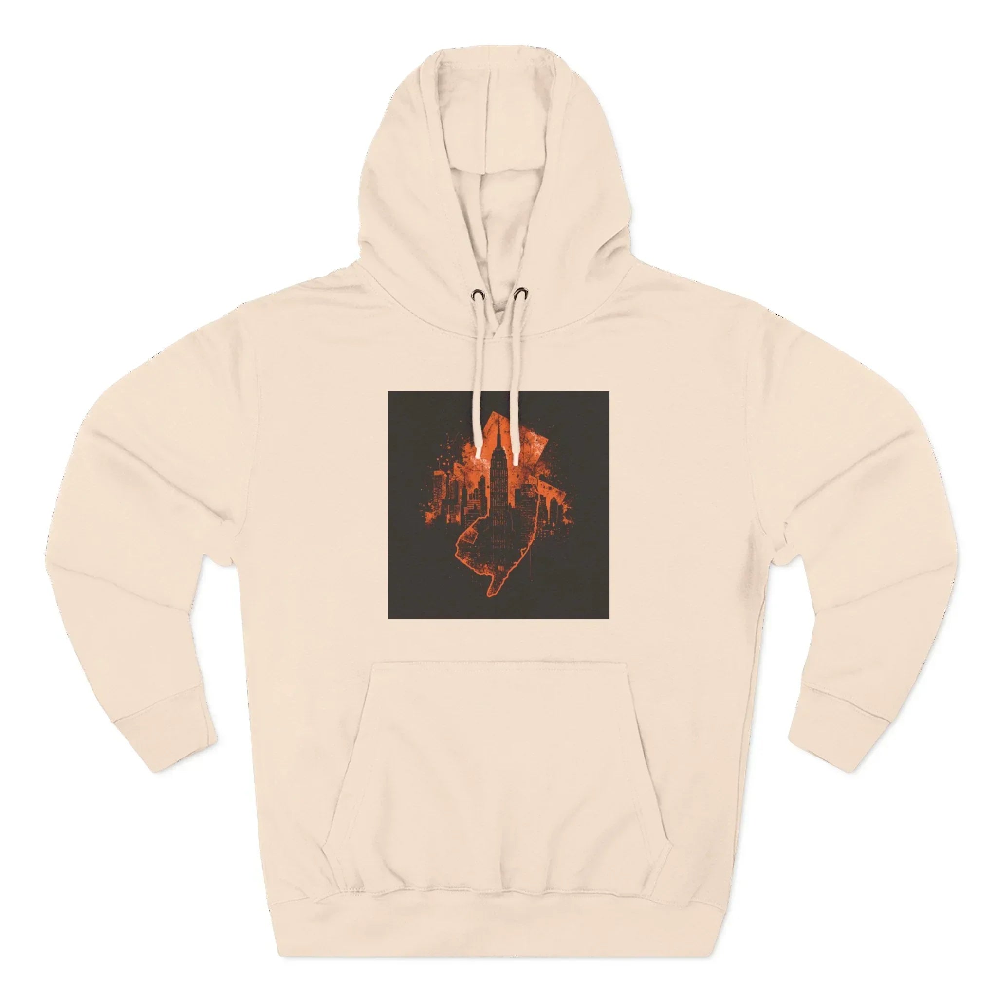 Beige hoodie with orange graphic of city skyline and hand outline on front