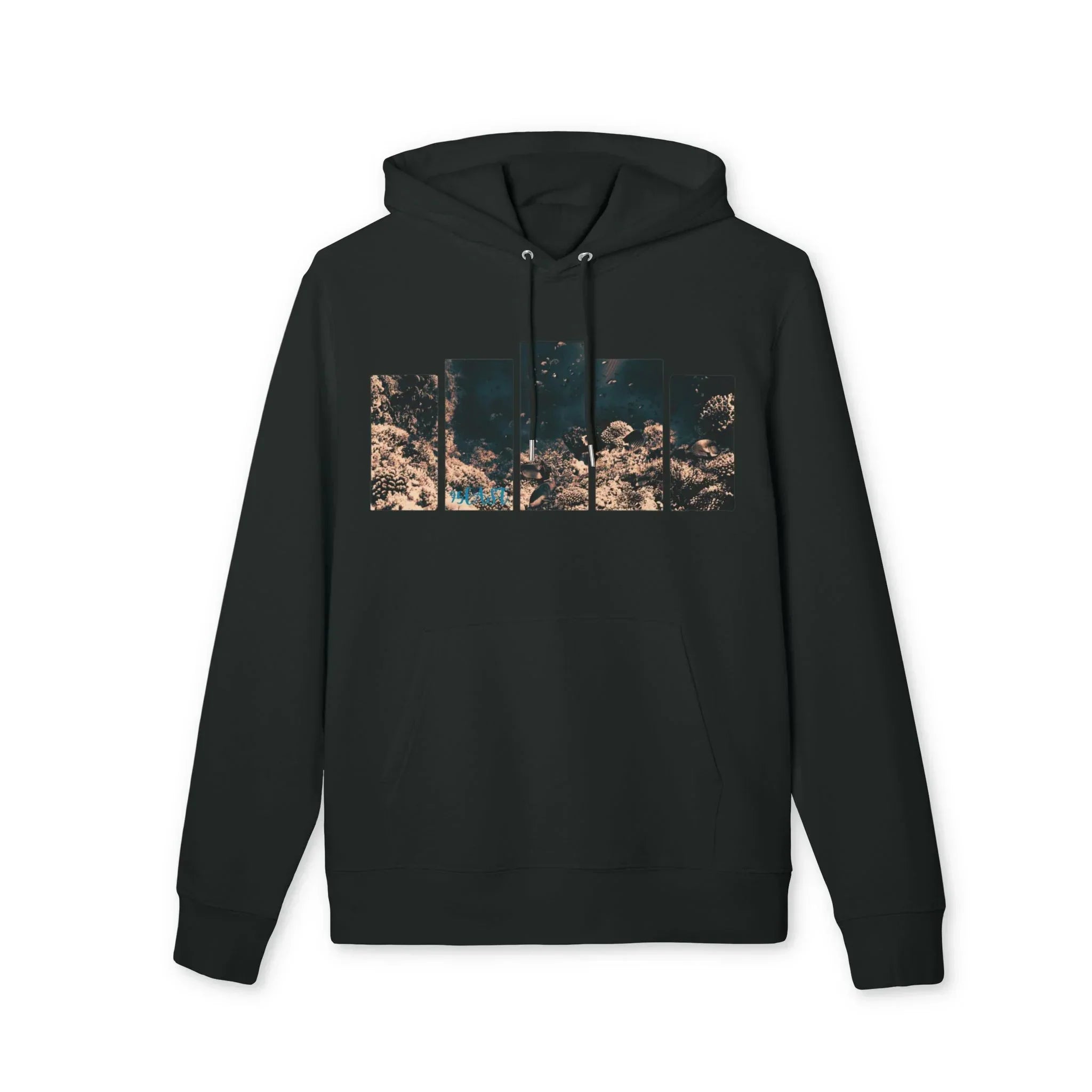 Black hoodie with abstract coral reef graphic on chest, modern lifestyle streetwear