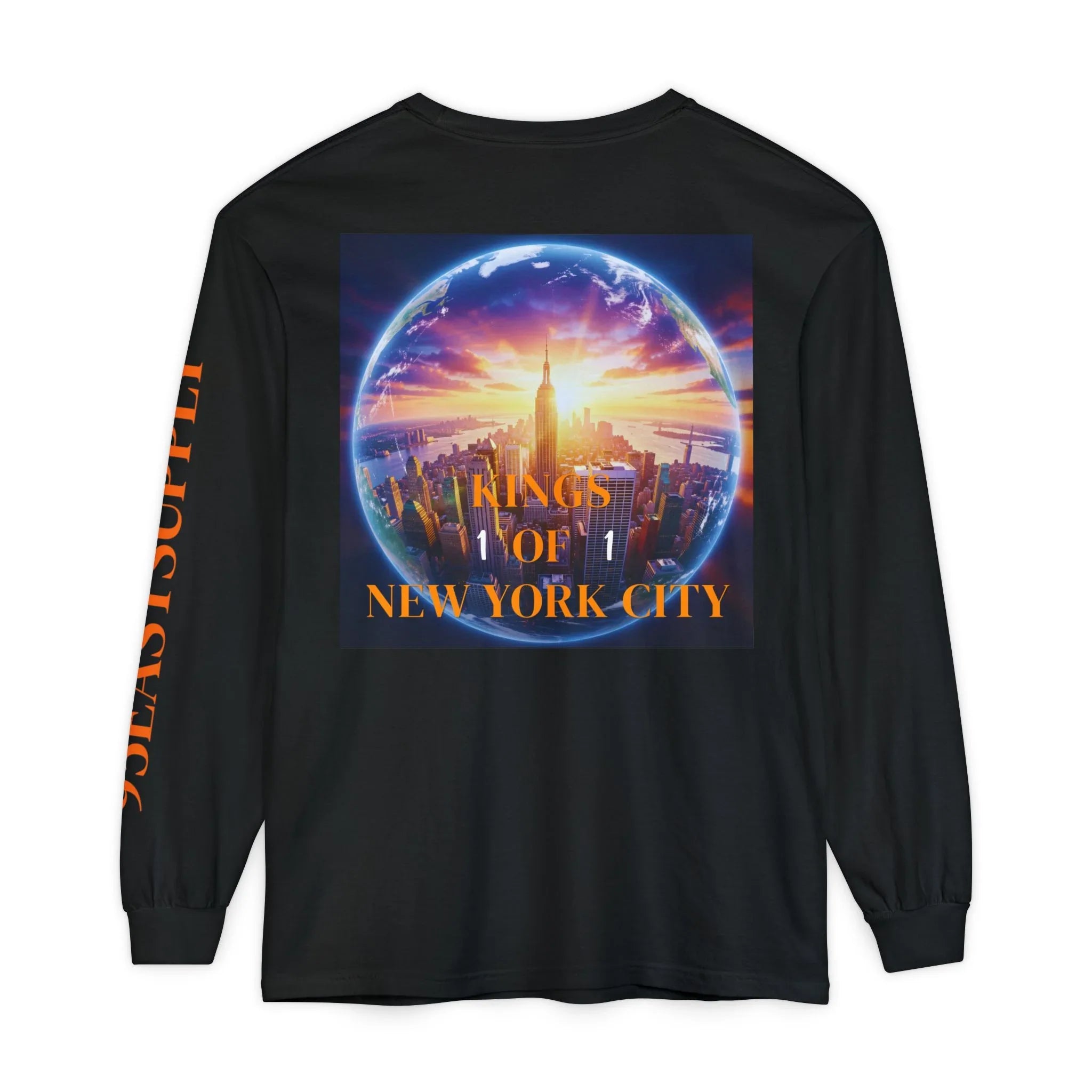 Black long sleeve tee with 'Kings of New York City' graphic, NYC skyline in globe, orange sleeve text
