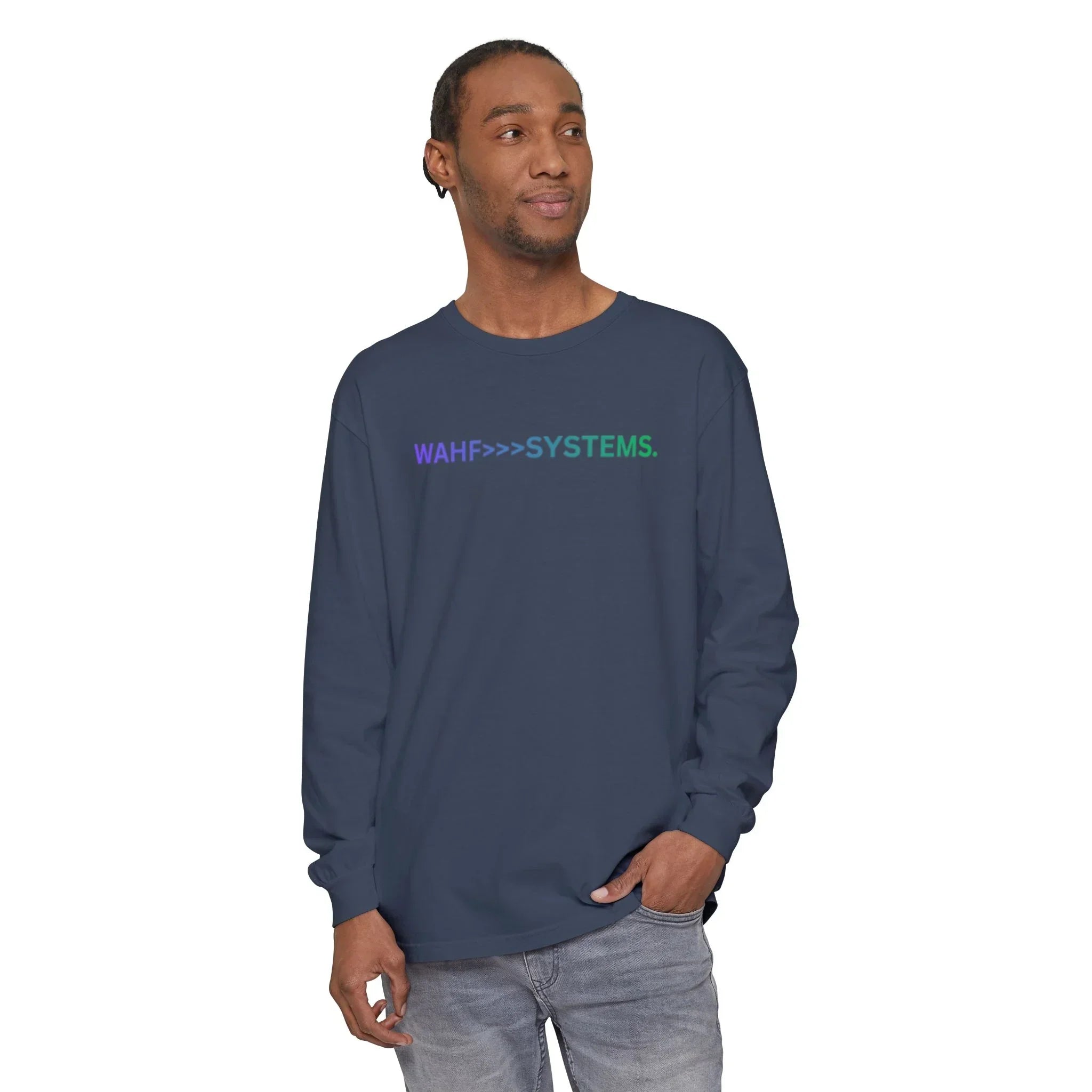 Man wearing navy long sleeve shirt with 'WAHF>>>SYSTEMS.' text, casual streetwear style