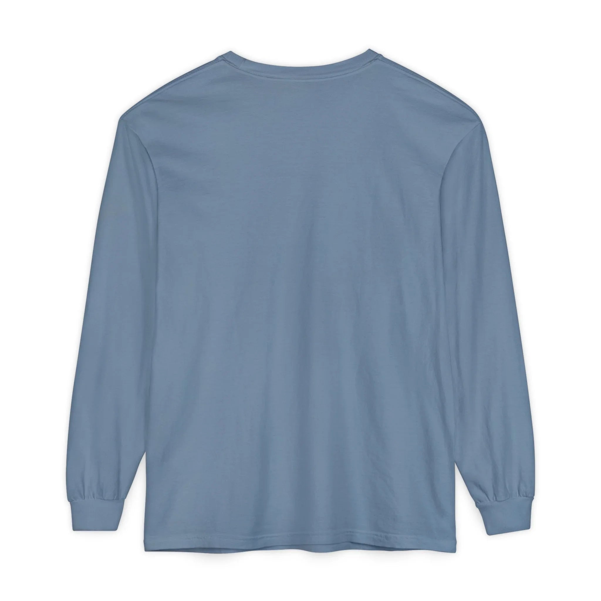 Blue long sleeve t-shirt back view, minimalist design, soft fabric, casual wear, East Coast style
