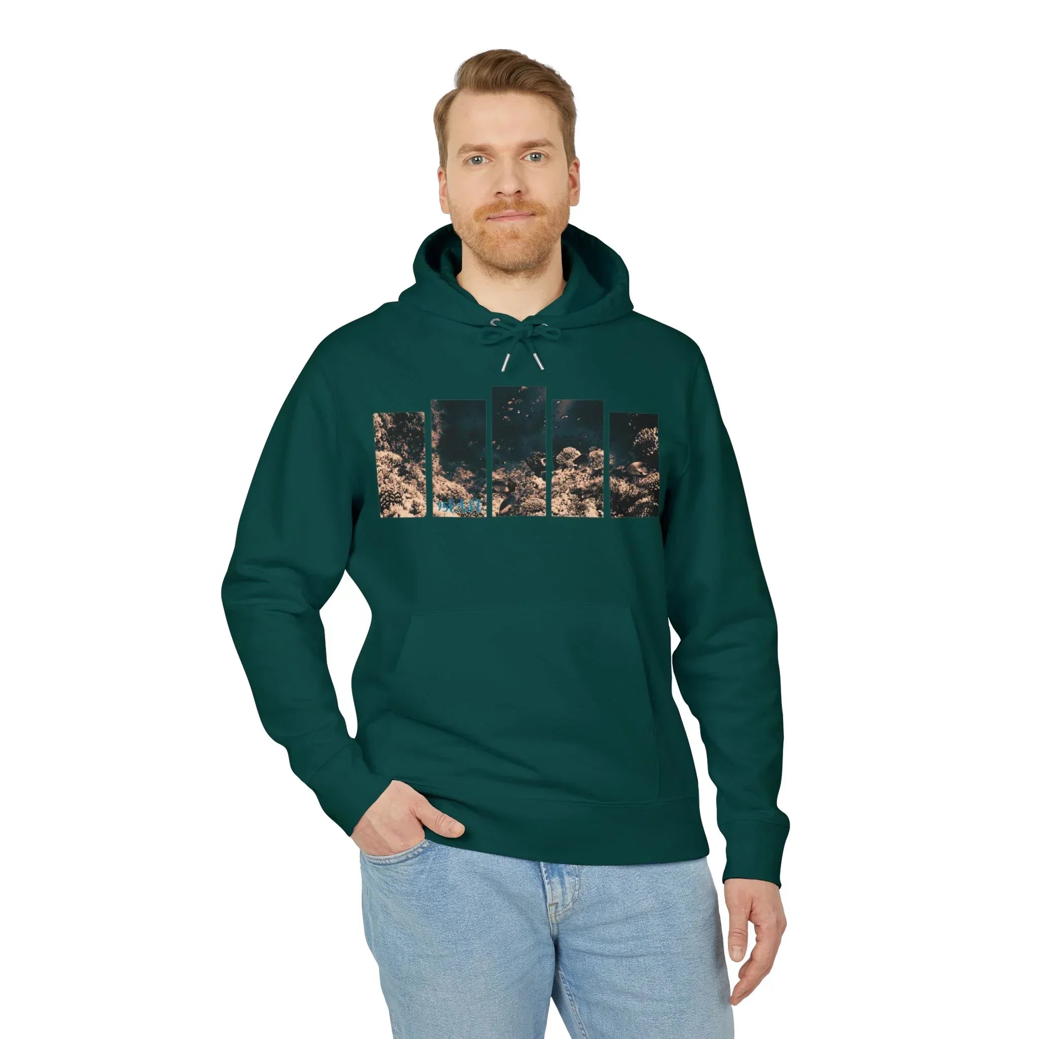 Man wearing green hoodie with coral reef print, casual style