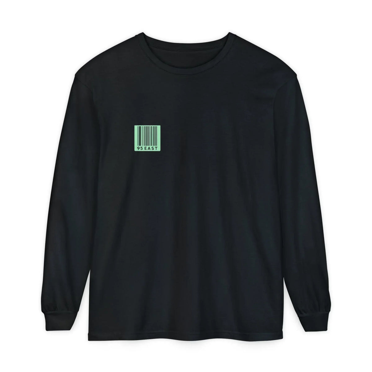 Black long sleeve hoodie with mint green barcode graphic and '95 EAST' text on chest