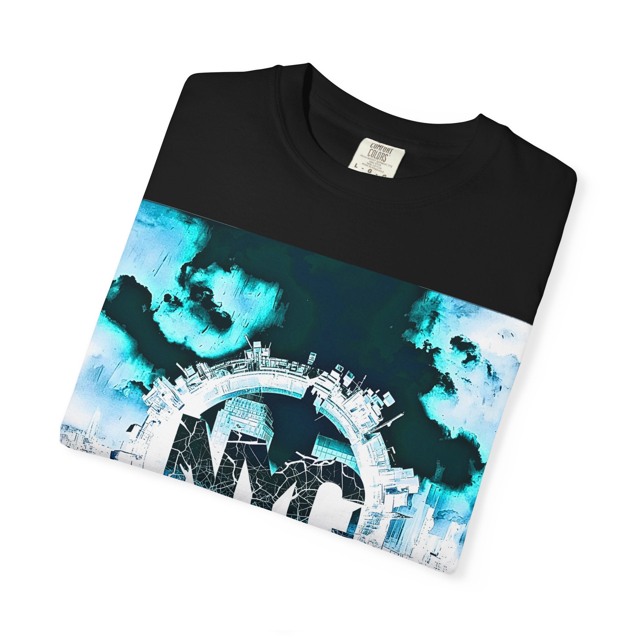 Black t-shirt with abstract city skyline graphic in teal and white, urban streetwear design