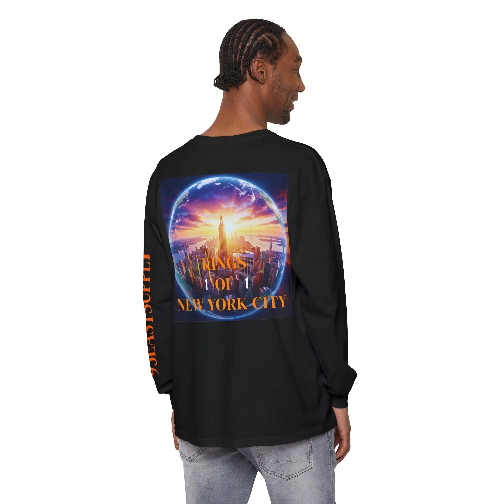 Black long-sleeve shirt with 'Kings of New York City' graphic and globe design, showcasing urban skyline.