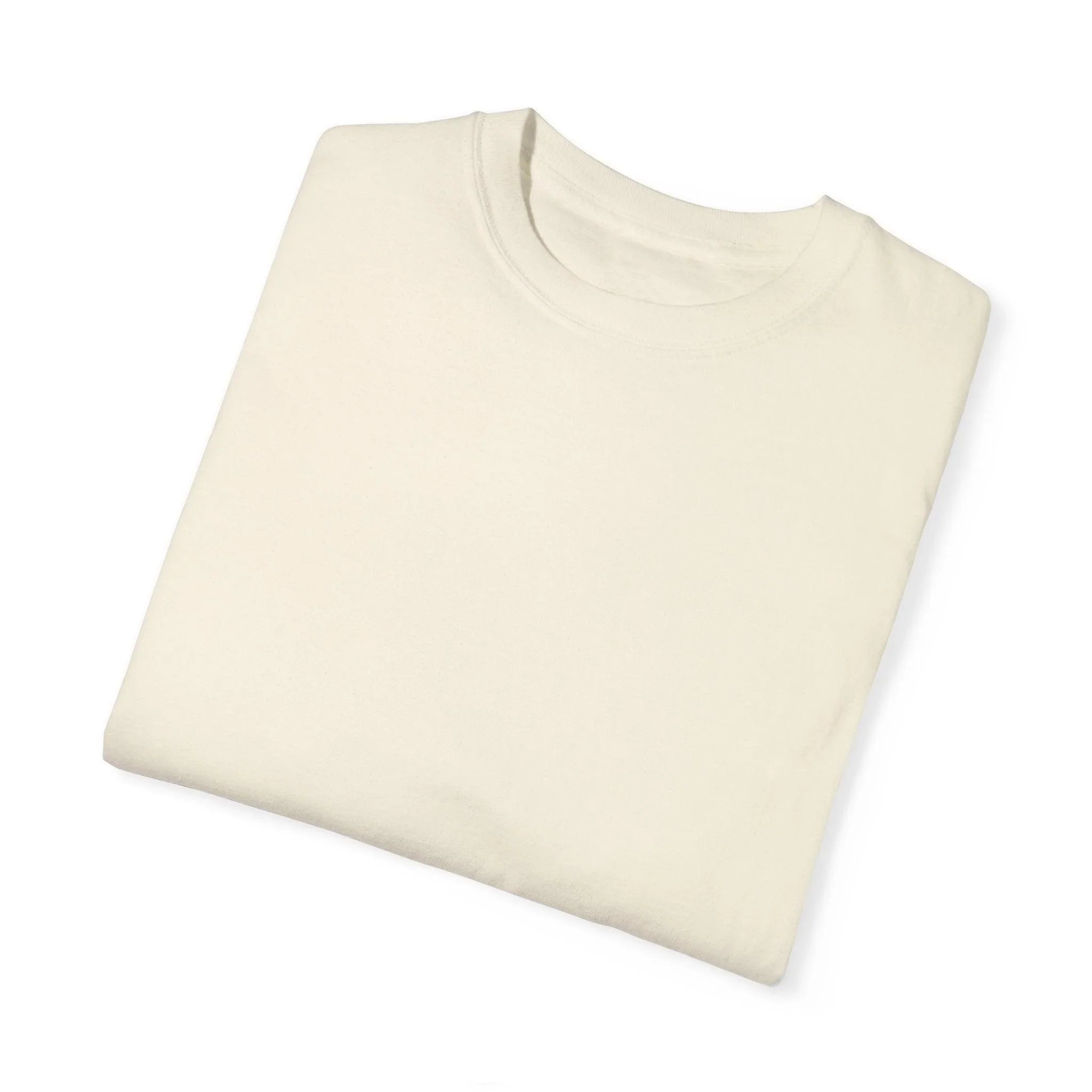 Cream crew neck t-shirt folded neatly on white background