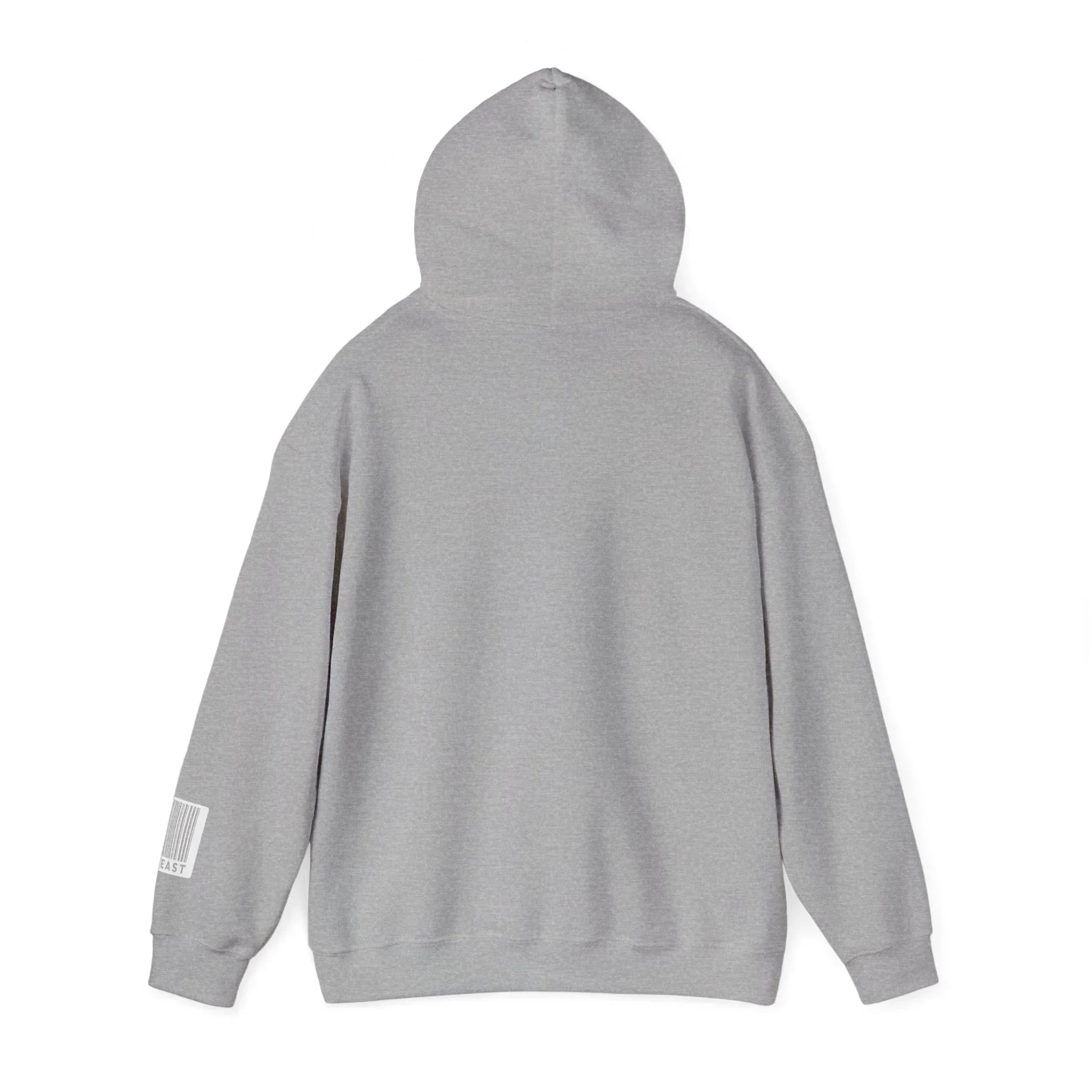 Back view of a plain gray hoodie with a barcode patch on the left sleeve