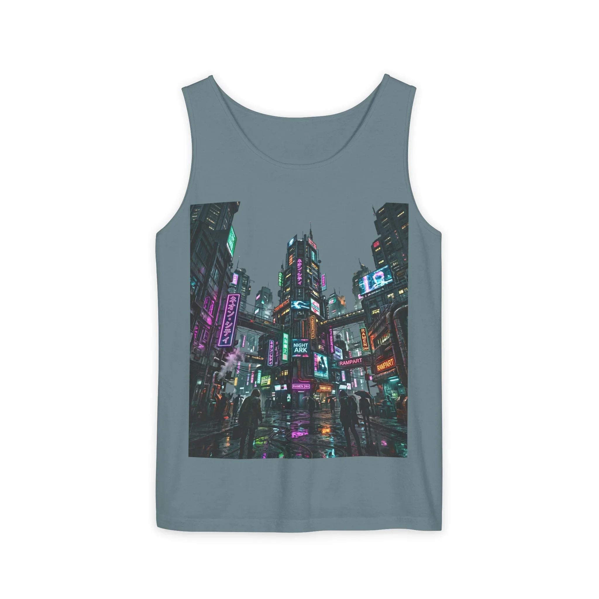 Blue tank top with cyberpunk cityscape graphic, neon lights, and futuristic urban scene.