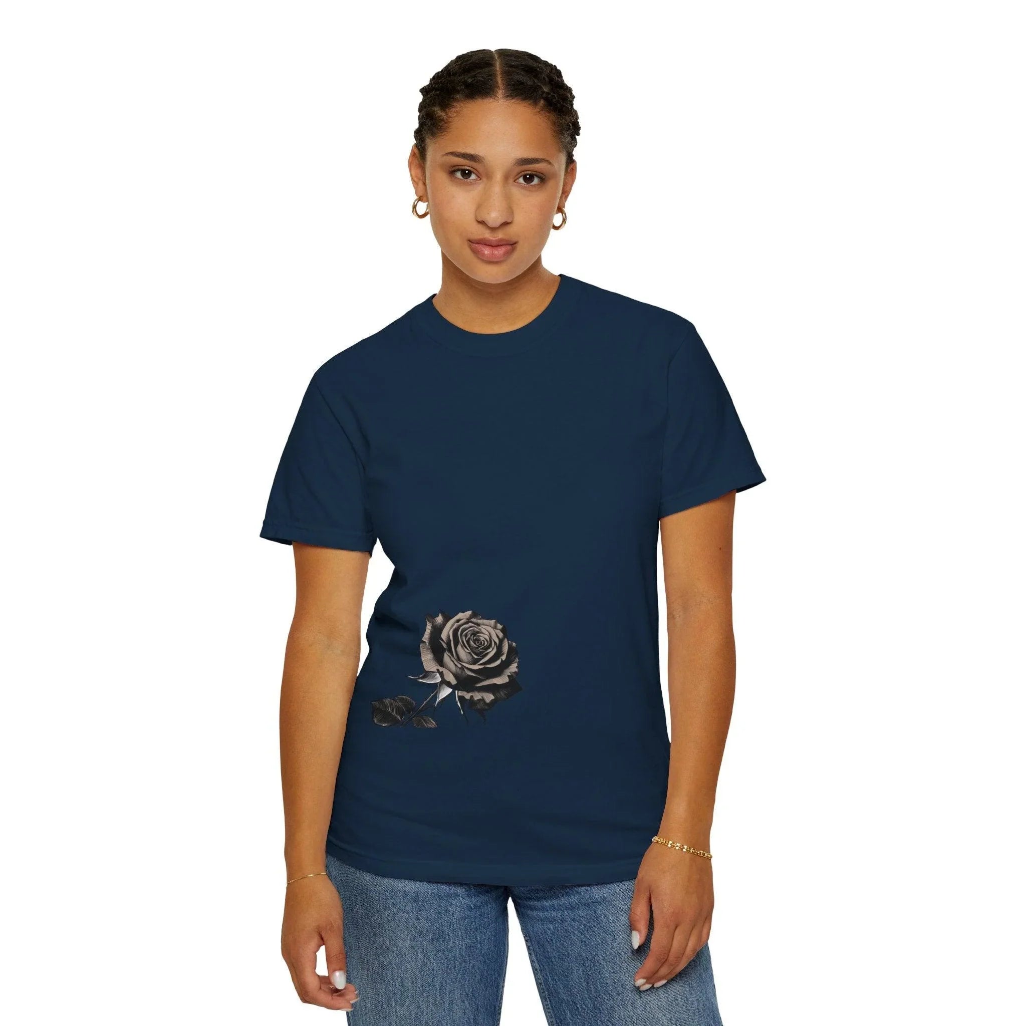 Navy blue t-shirt with black rose graphic, modern design for casual wear