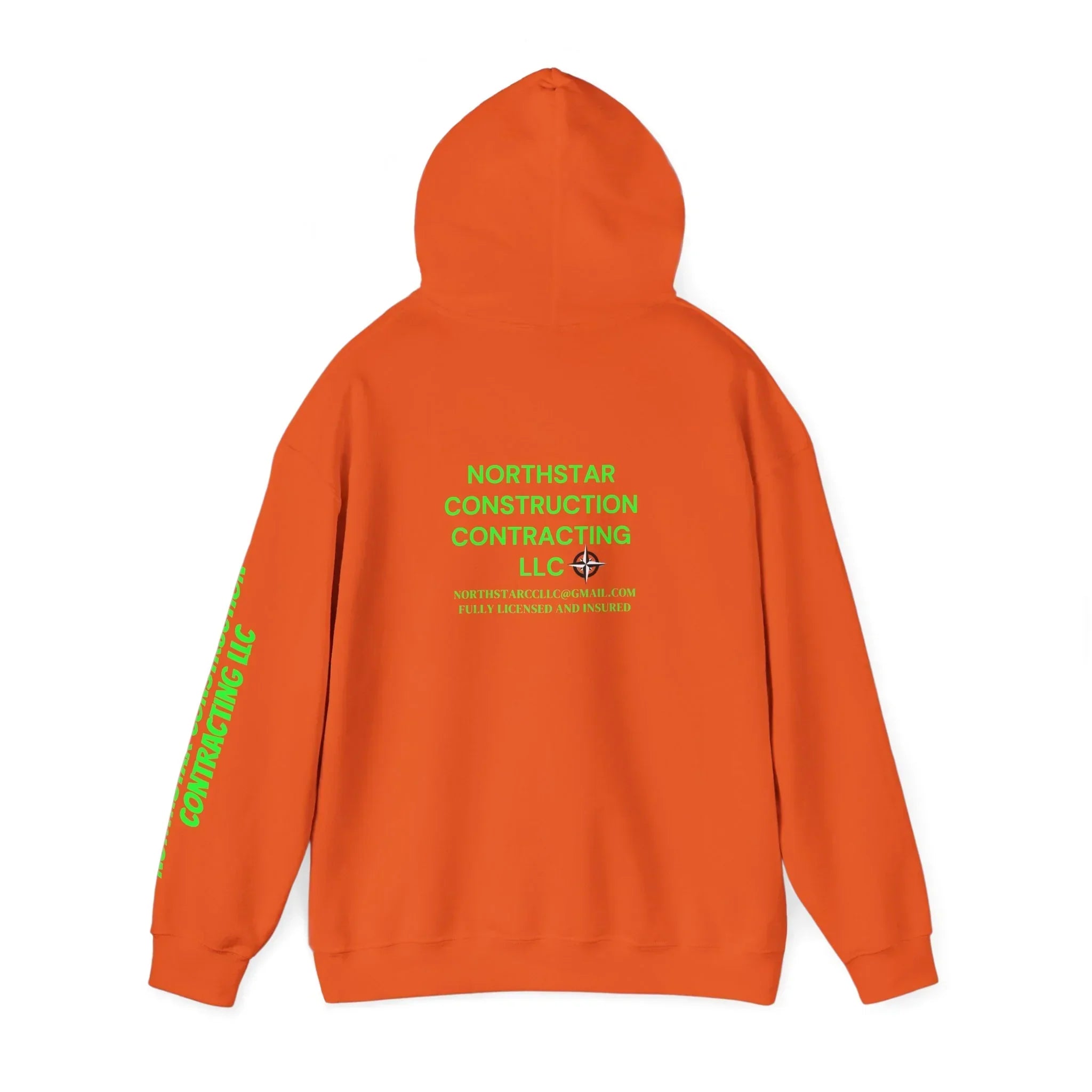 Orange hoodie with green Northstar Construction Contracting LLC print on back and sleeve