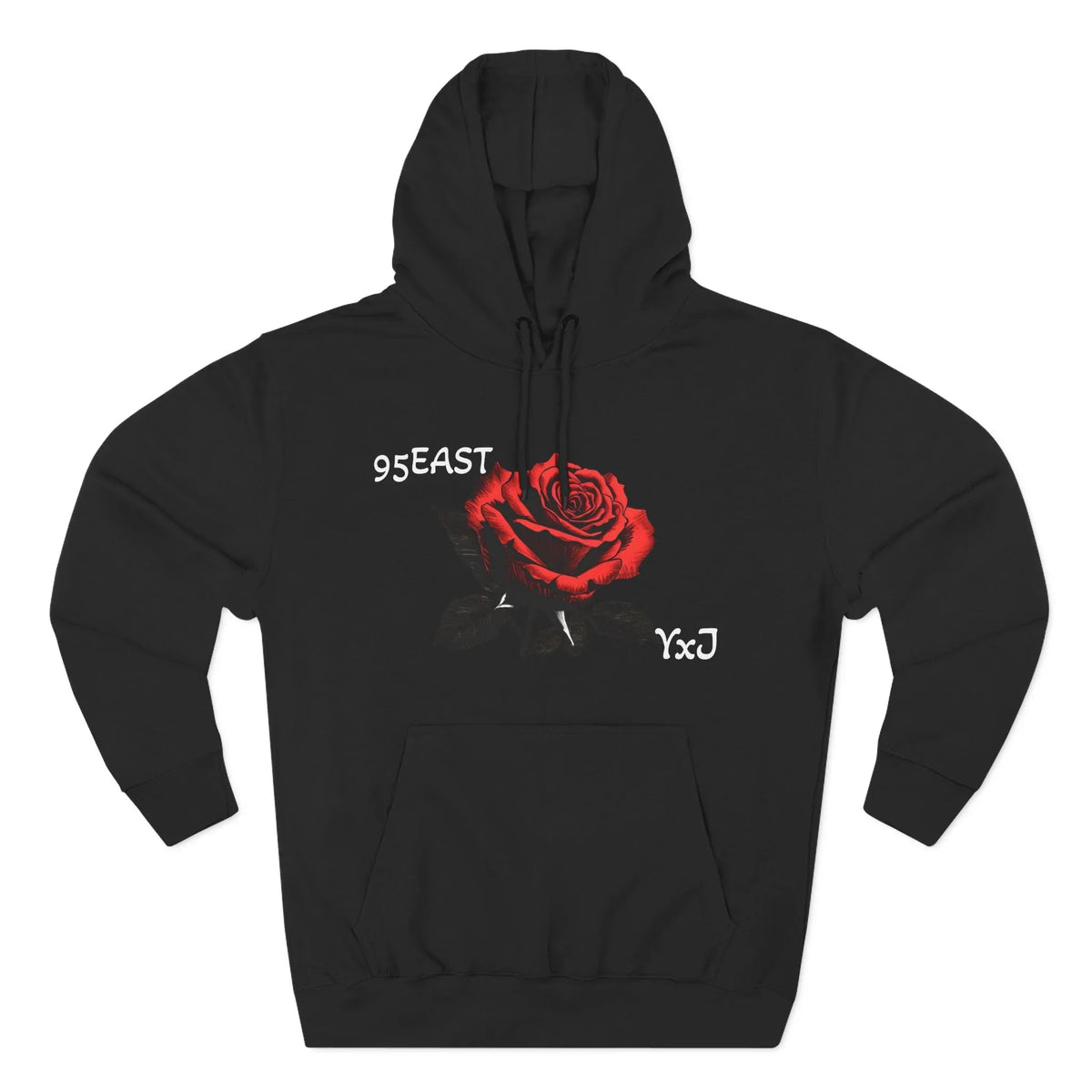 Black hoodie with red rose graphic and '95EAST YxJ' text, featuring barcode sleeve detail for streetwear style.