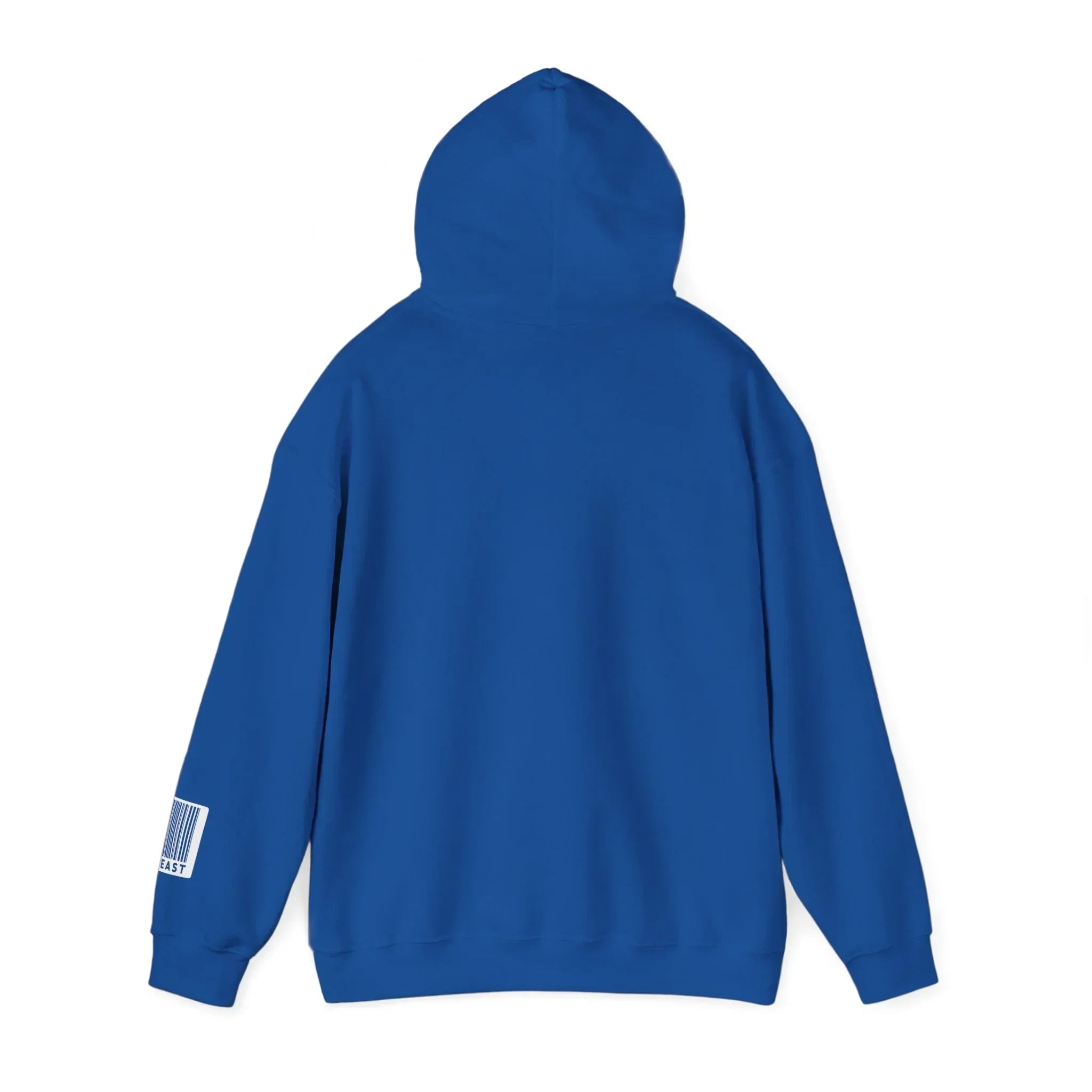 Blue hooded sweatshirt with barcode graphic on sleeve, shown from the back on white background