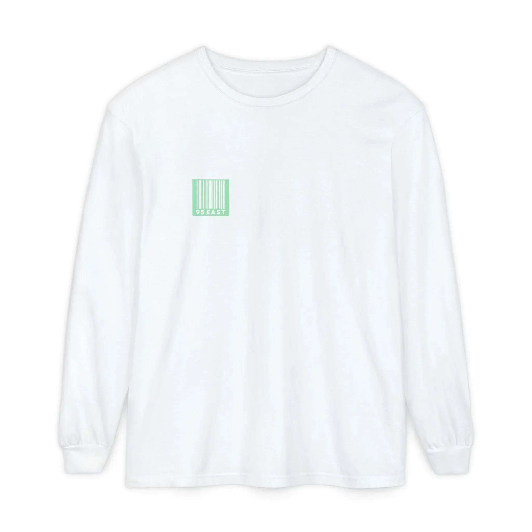 White long sleeve tee with mint green barcode graphic and 95 EAST text, minimalist streetwear design