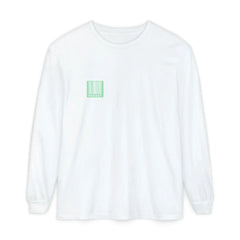White long sleeve tee with mint green barcode graphic and 95 EAST text, minimalist streetwear design