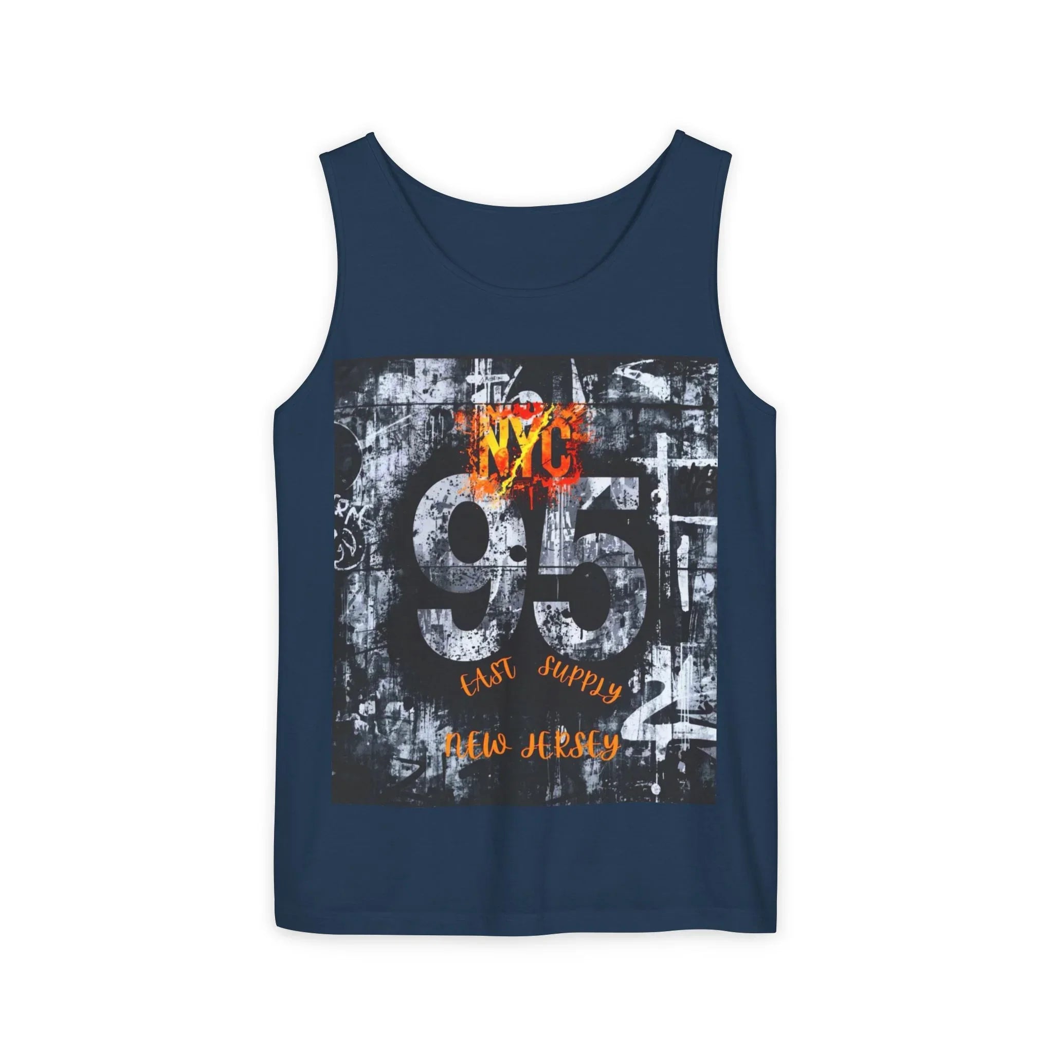 Navy tank top with bold NYC 95 graphic, East Supply New Jersey text, urban graffiti design