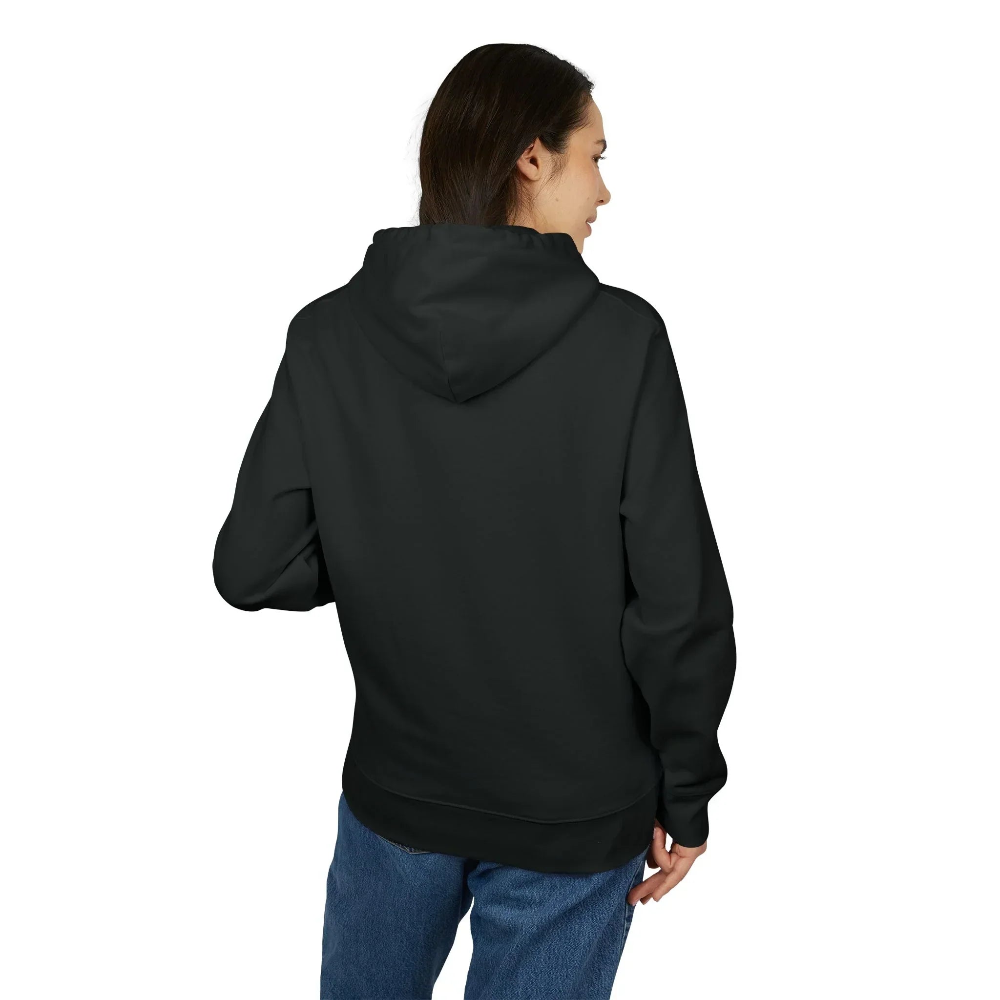 Black hoodie with hood, worn by woman in blue jeans, showcasing casual streetwear style
