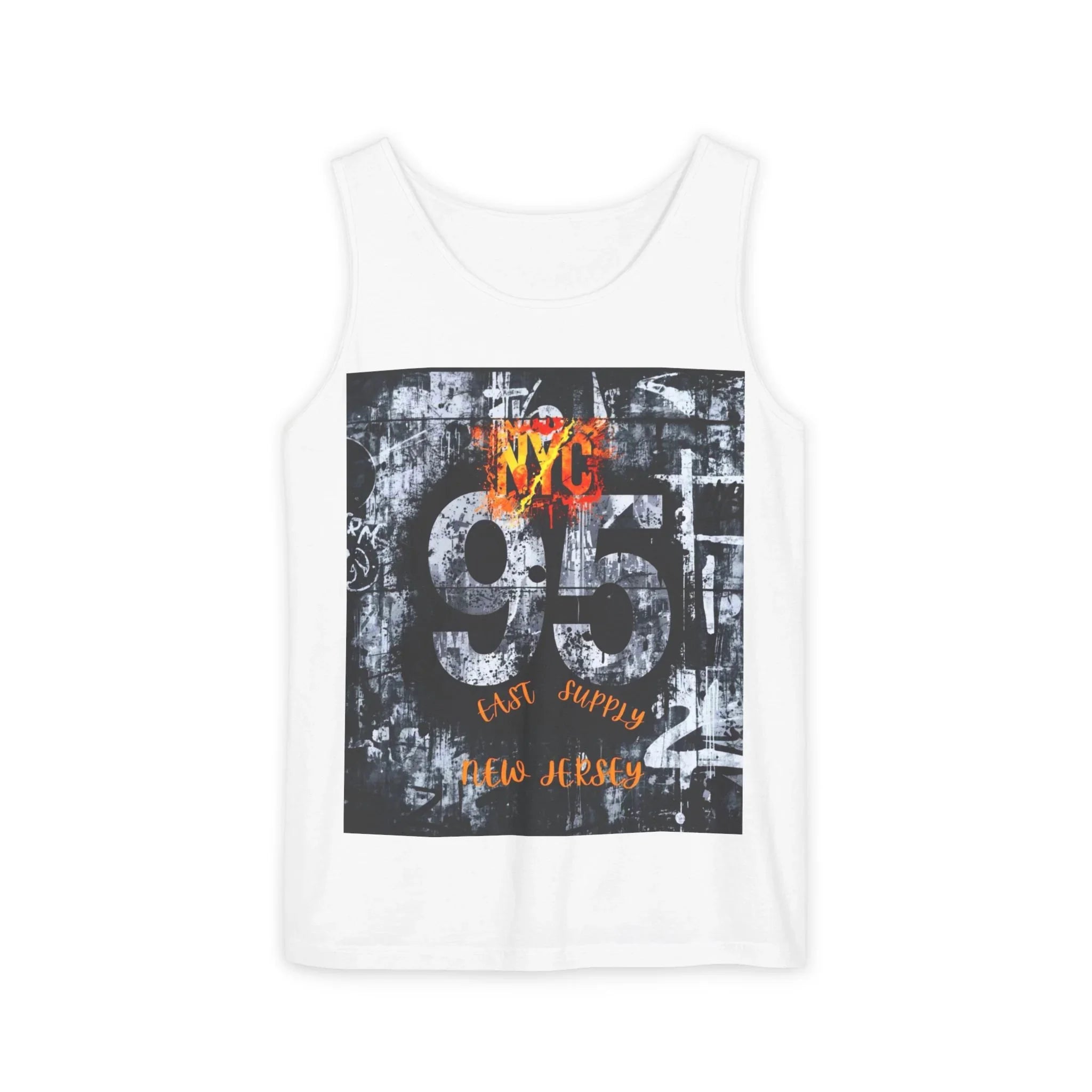 White tank top with NYC 95 East Supply New Jersey graphic, urban street art design