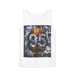 White tank top with NYC 95 East Supply New Jersey graphic, urban street art design