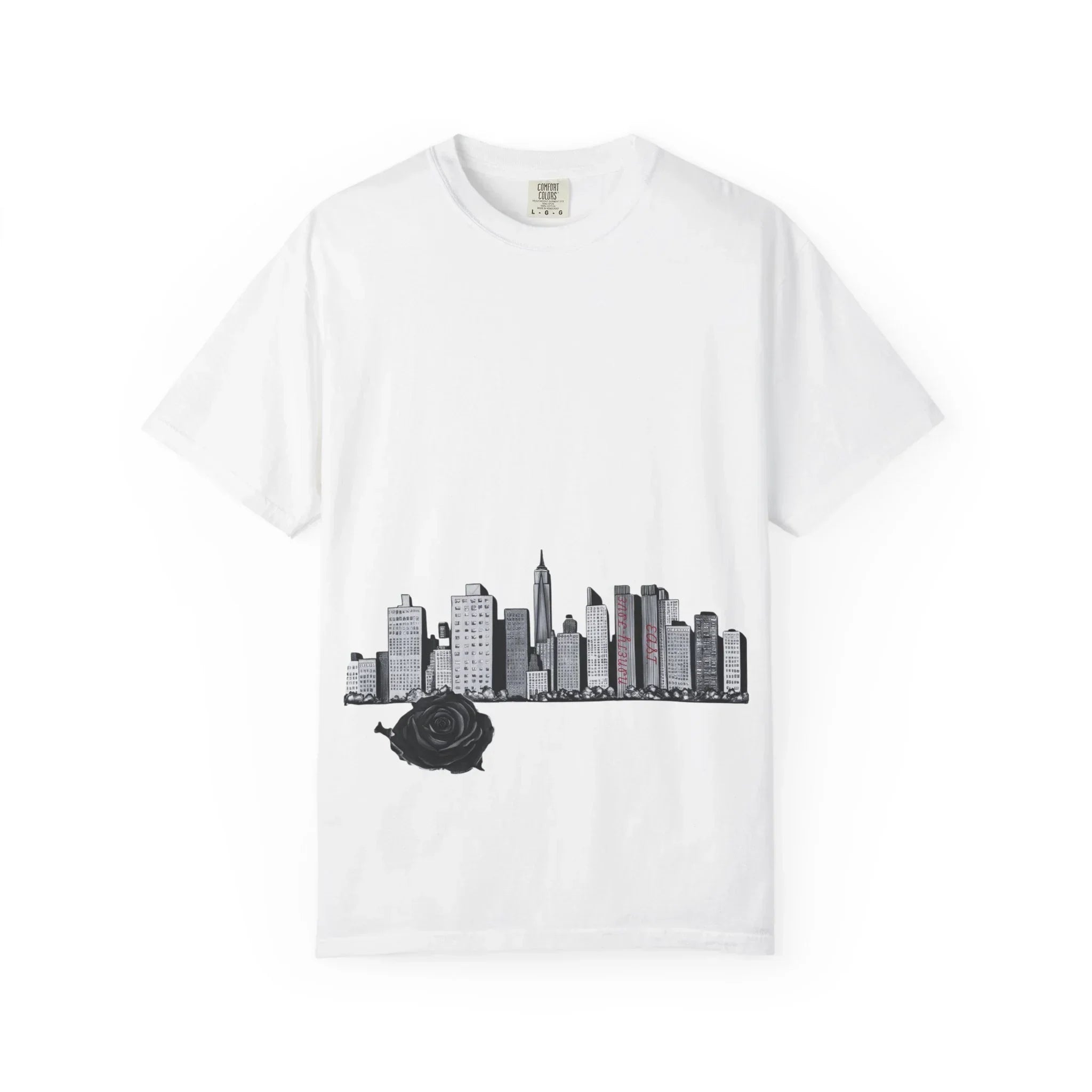 White t-shirt with black city skyline and rose graphic, urban streetwear style