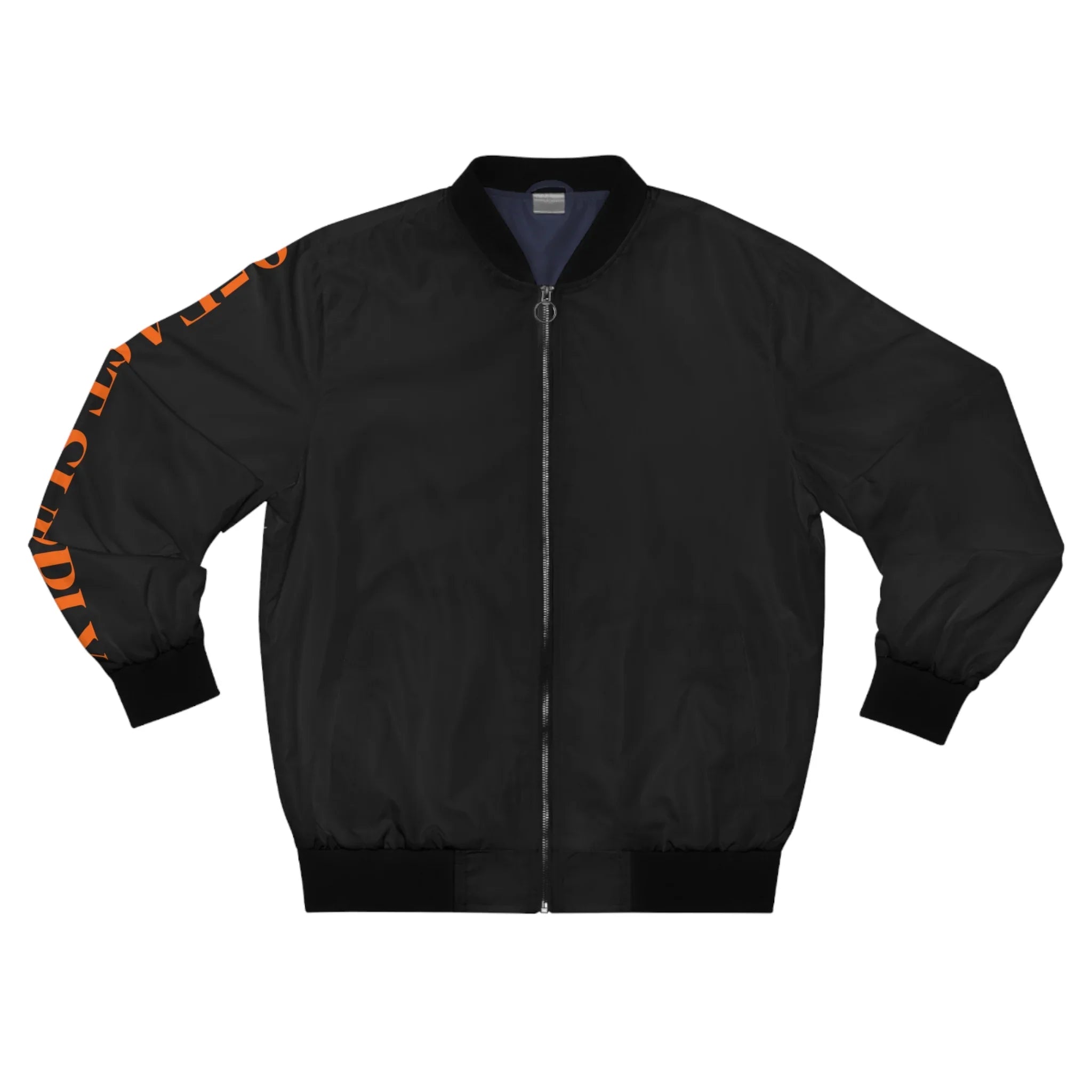 Black bomber jacket with bold orange lettering on sleeve, modern streetwear style