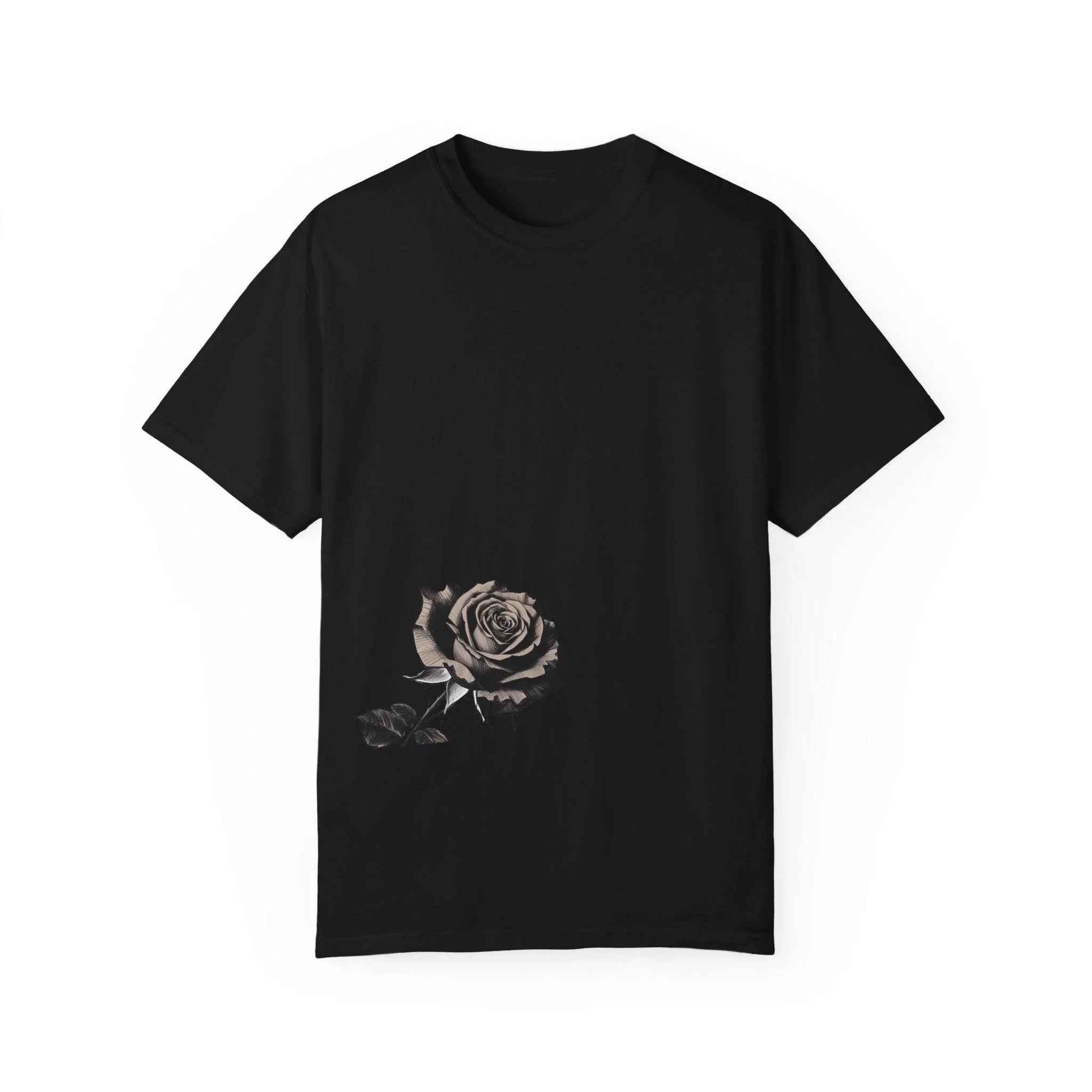 Black t-shirt with a grayscale rose graphic on the lower front left