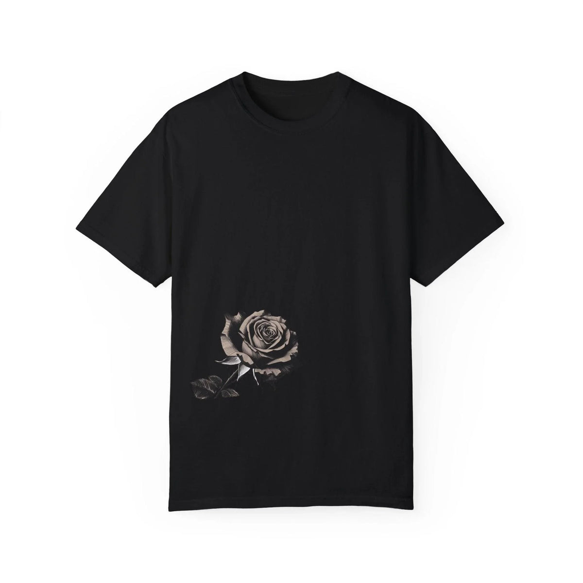 Black t-shirt with vintage rose graphic, East Coast style streetwear design