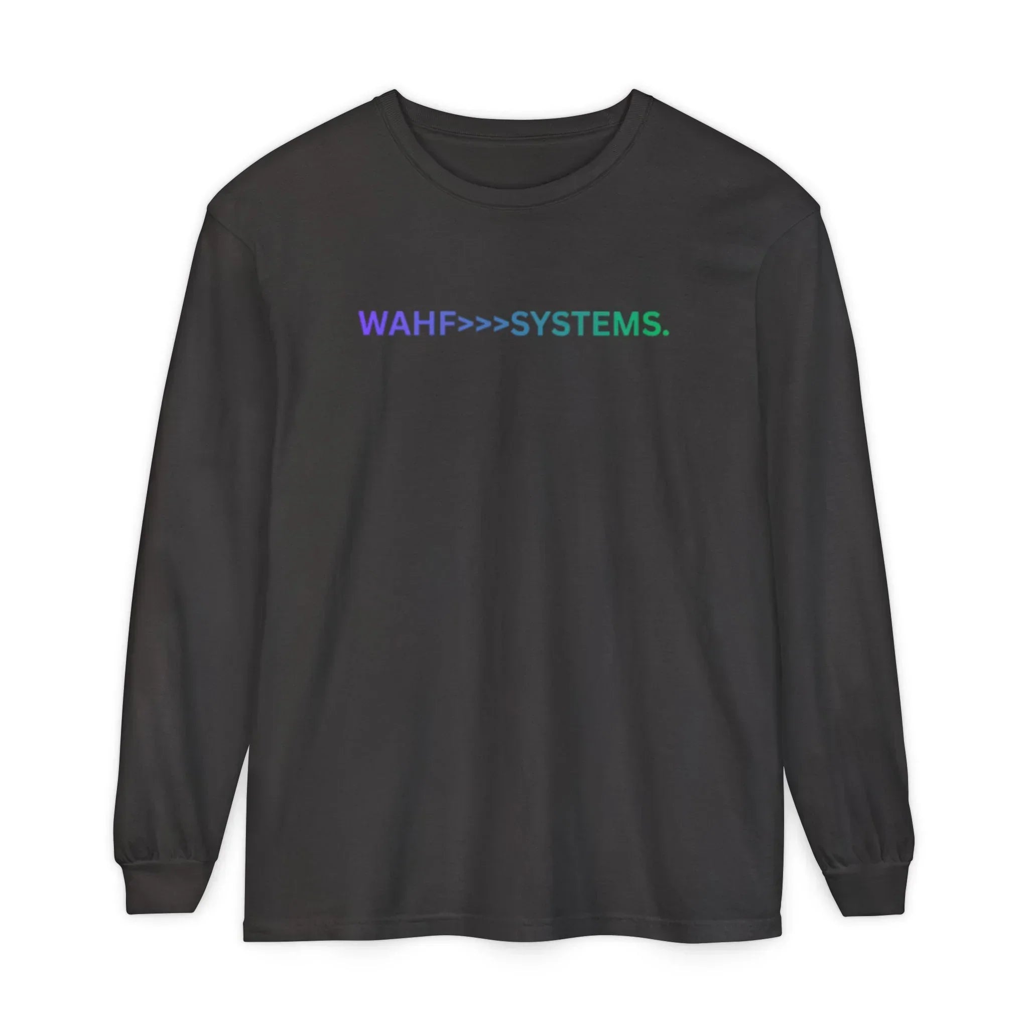 Black long-sleeve shirt with WAHF>>>SYSTEMS. text in gradient colors on front