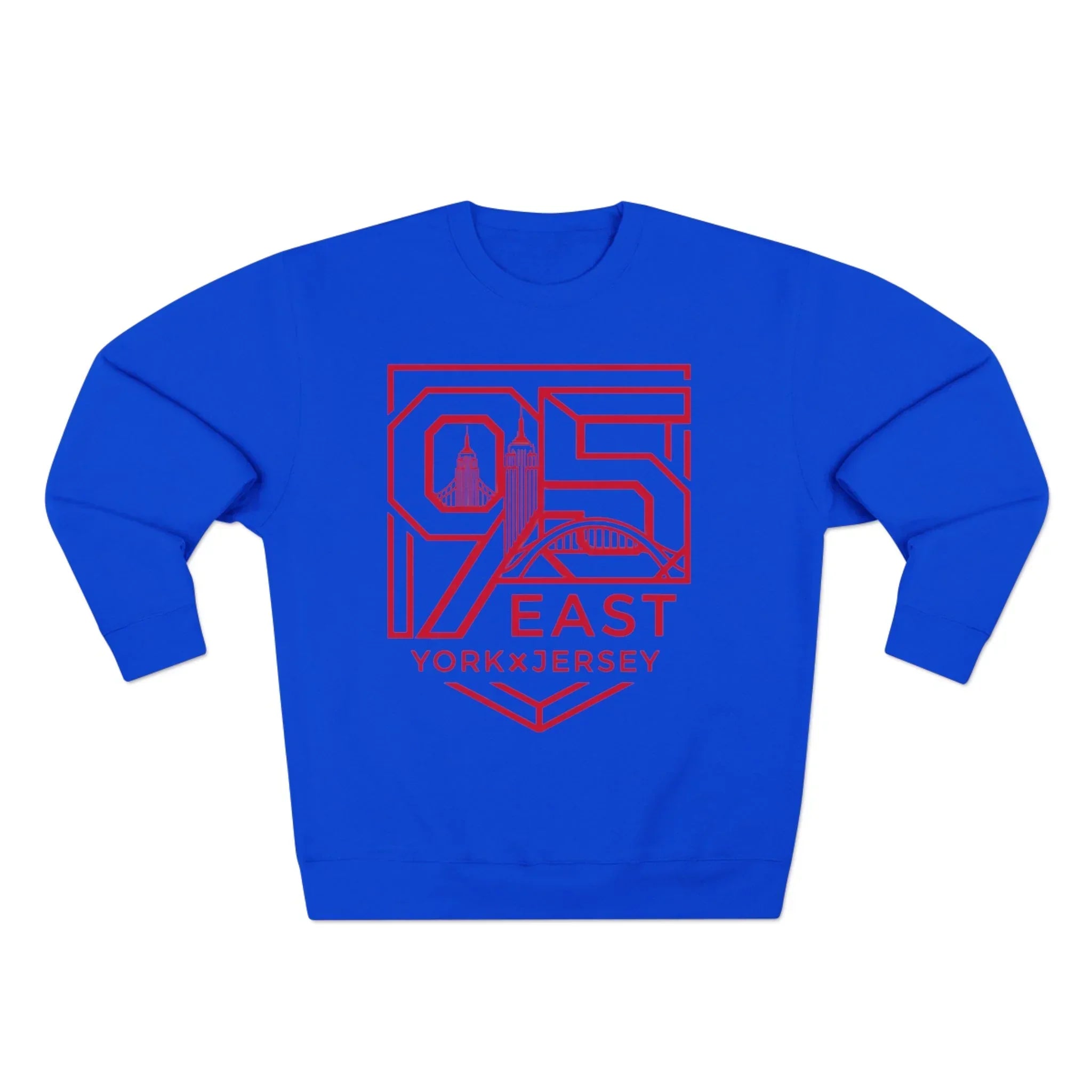 Blue sweatshirt with red 95 East YorkxJersey graphic, city skyline design, modern streetwear style