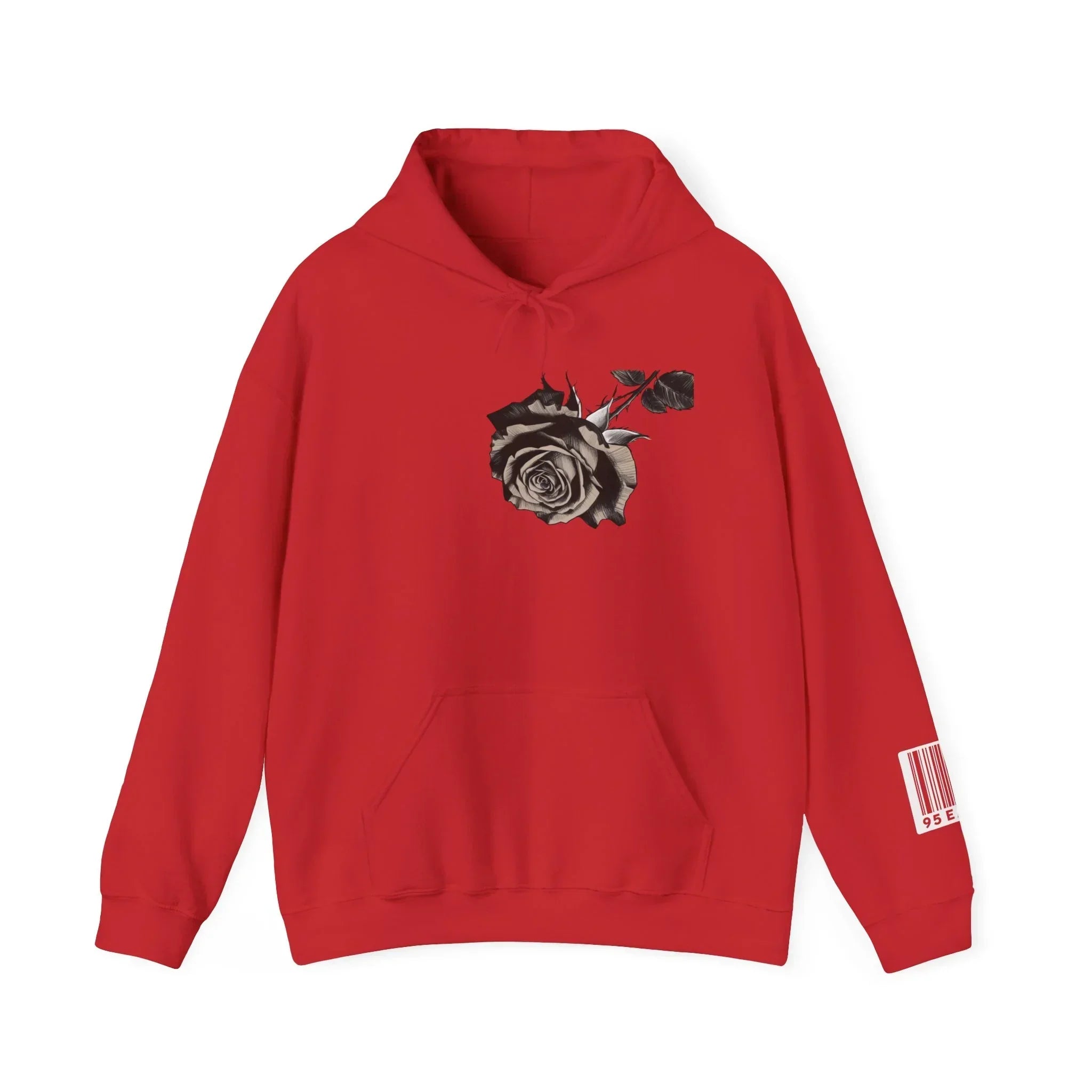 Red hoodie with black rose graphic on chest and barcode design on sleeve