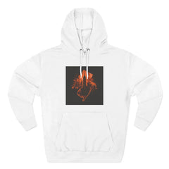 White hoodie with orange hand and city skyline graphic on the chest