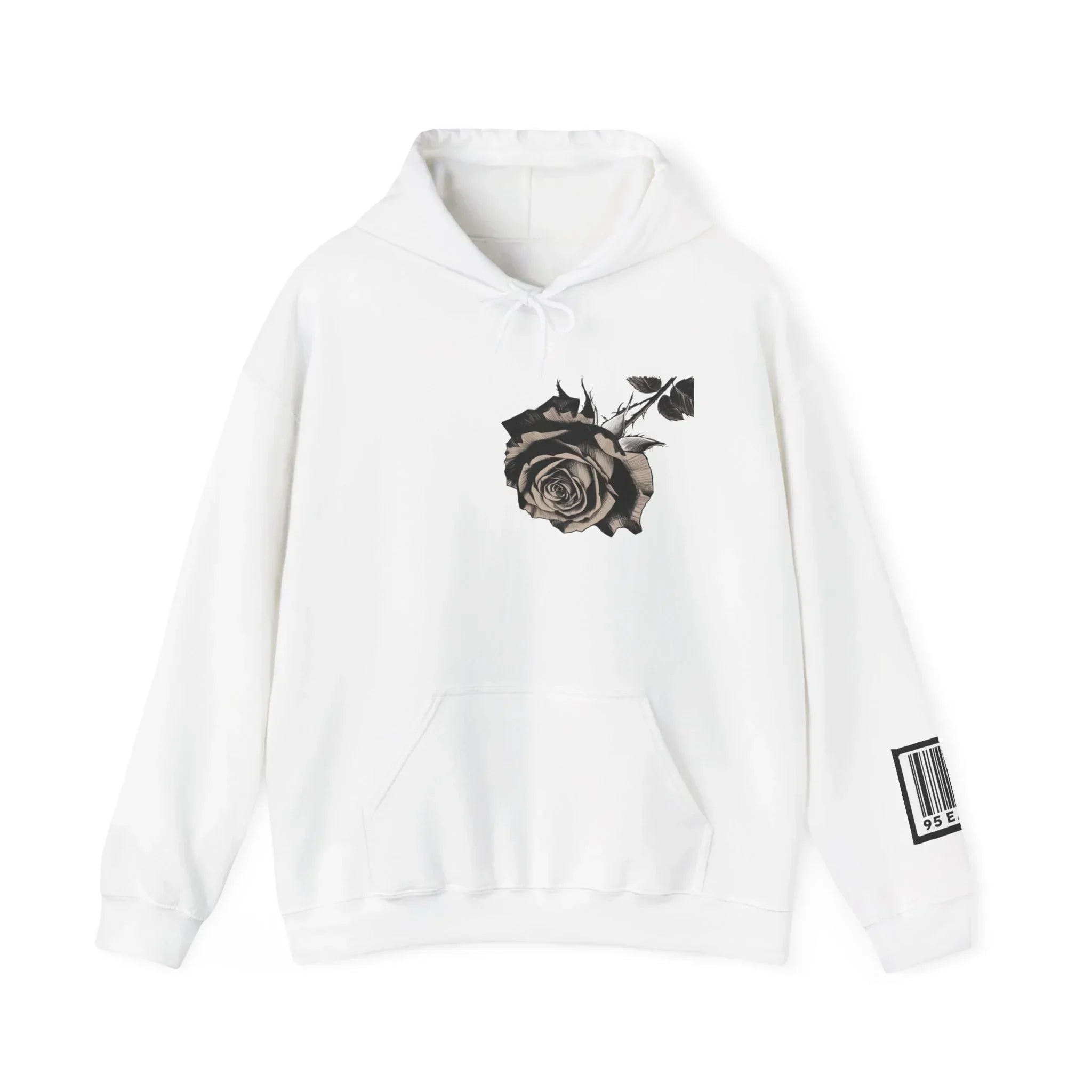 White hoodie with black rose graphic on chest and barcode detail on sleeve