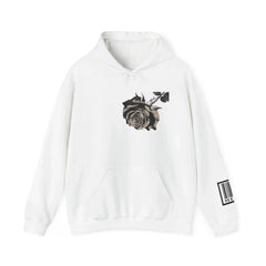 White hoodie with black rose graphic on chest and barcode detail on sleeve